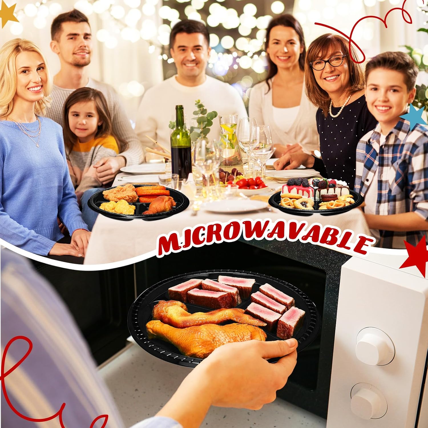 50 Pcs 10 Inch Plastic 3 Compartment Divided Plates Heavy Disposable Plates Duty Round Dinner Plates with Dividers for Wedding Birthday Party Dinnerware(Black) - Image 5