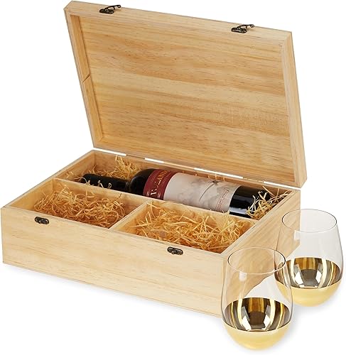 Twine Caja de regalo para botella de vino, caja de vino de madera con tapa, 2 copas de vino sin tallo y popote de embalaje, capacidad para 1 botella