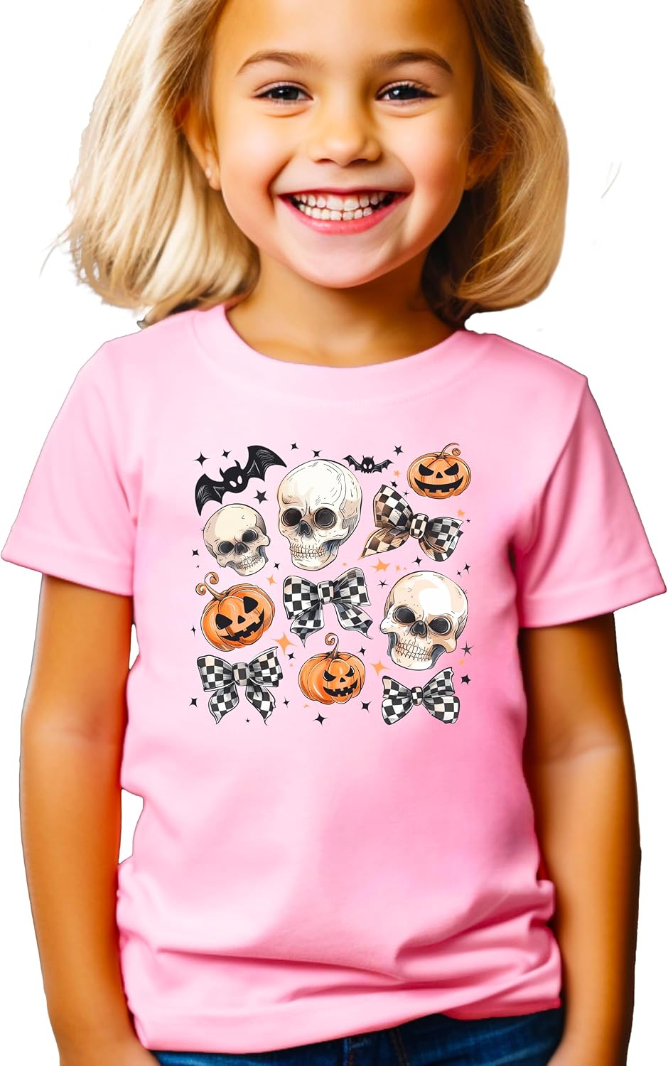 Halloween Skull Pumpkin with Checkered Bow Shirt for Women, Teens & Girls Spooky Season Tee