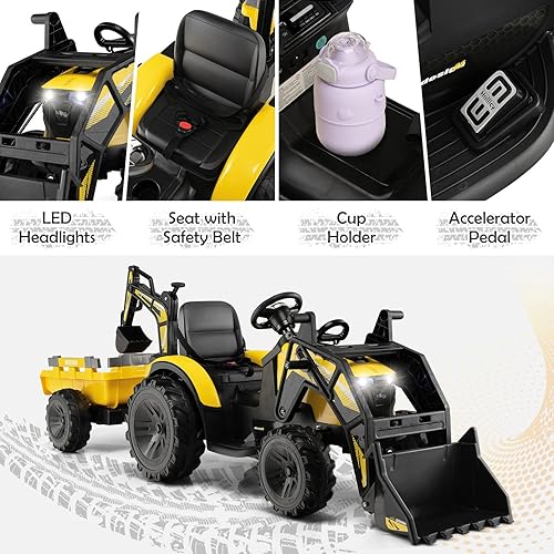 Miniatura 6 de Costzon Tractor de paseo 3 en 1, excavadora y bulldozer, vehículo eléctrico alimentado por batería de 12 V con remolque, cubo de pala, excavadora,