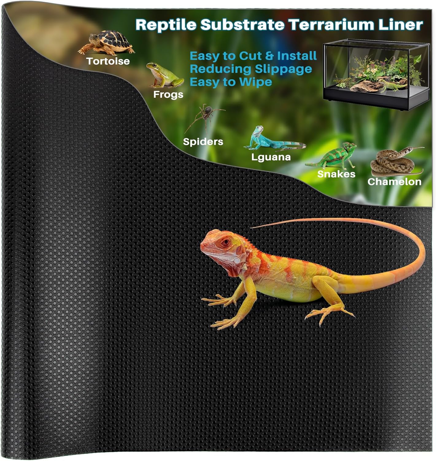 MAQIHAN 6.5 FT Reptile Substrate Mat – Reptile Carpet Mat Terrarium Bearded Dragon Tank Mat Reptile Tank Liner Bedding Accessories Substrate for Leopard Gecko Snake Tortoise Gecko Lizard (Black)