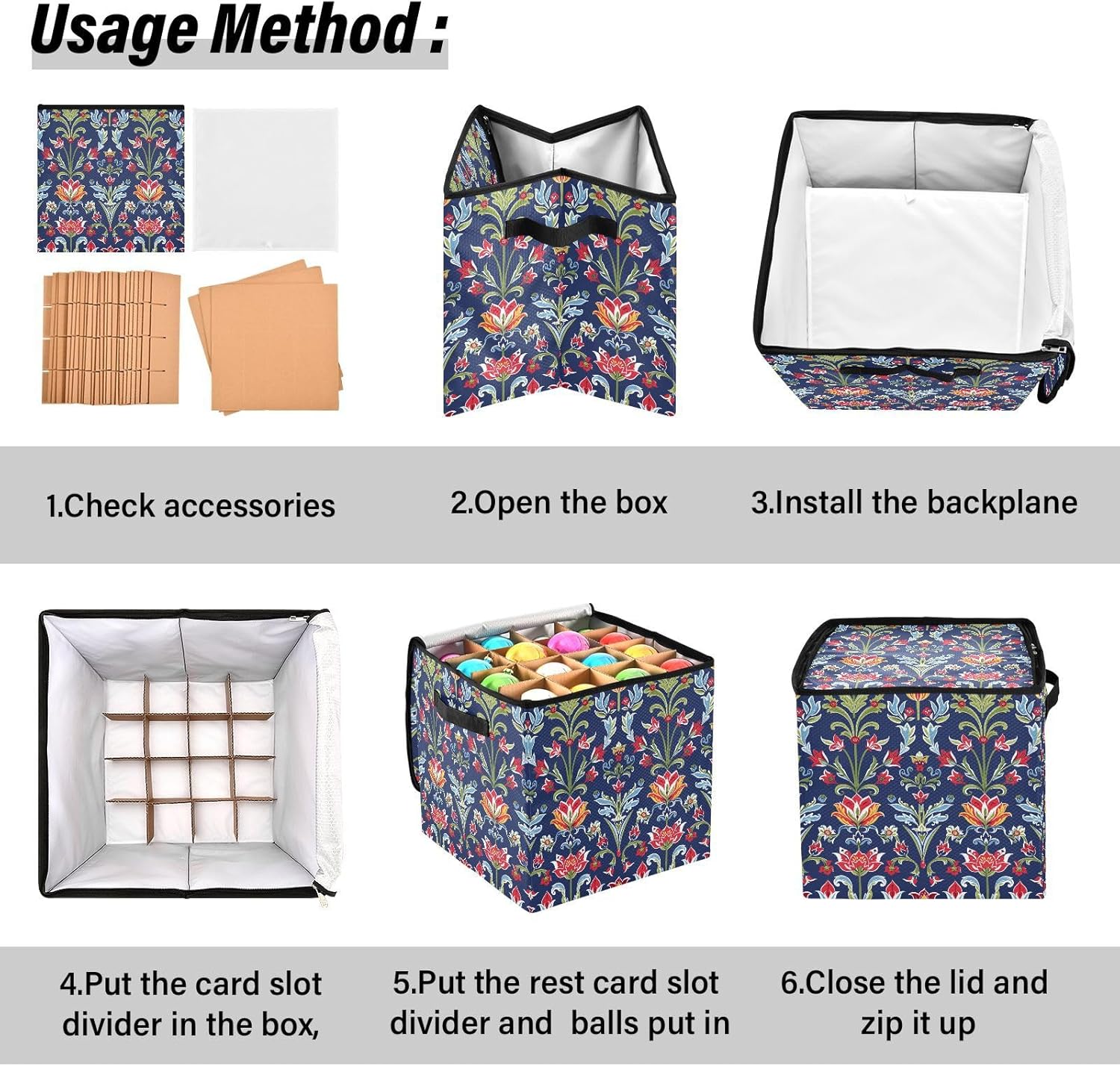 High Capacity Christmas ornament storage Holds Up to 64, Adjustable Dividers telescoping Holiday Storage Case with Lid,Traditional Flower Deep Blue