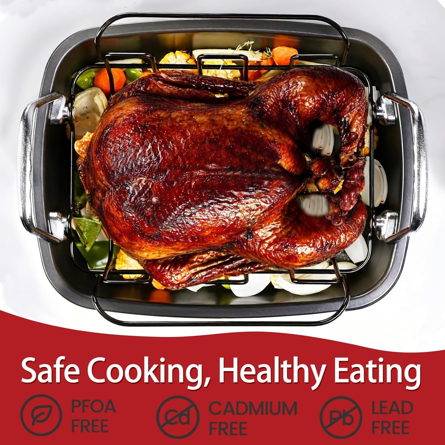 Large Nonstick Roasting Pan with Rack, Turkey Roasting Pan with Wider Handles, Heavy Duty Construction Roaster - 17.2 Inch x 13.5 Inch for Oven