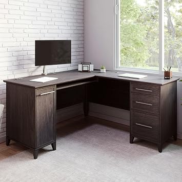 Realspace Koru 60W L-Shaped Corner Computer Desk With Integrated Power & Charging, Espresso Oak