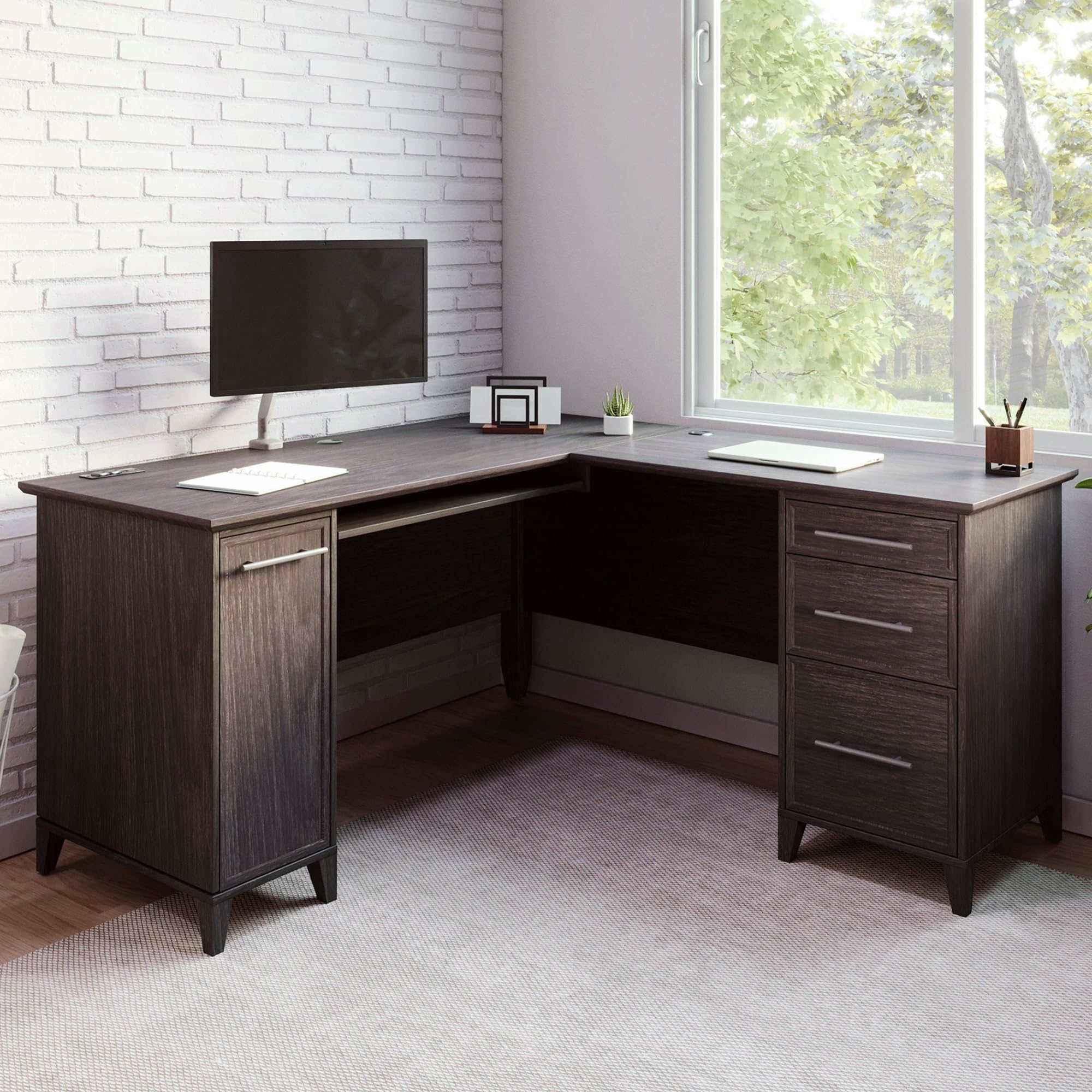 Realspace(r) Koru 60"W L-Shaped Corner Computer Desk With Integrated Power & Charging, Espresso Oak