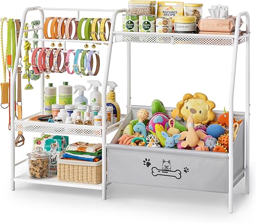 Large Dog Toy Basket with Dog Storage Organizer, Trapezoid Dog Toy Bin Box with Collar Leash Holder Hook, Dog Toy Holder Chest Pet Storage Cabinet for Living Room, Dog Essentials for Dog Lovers Gifts