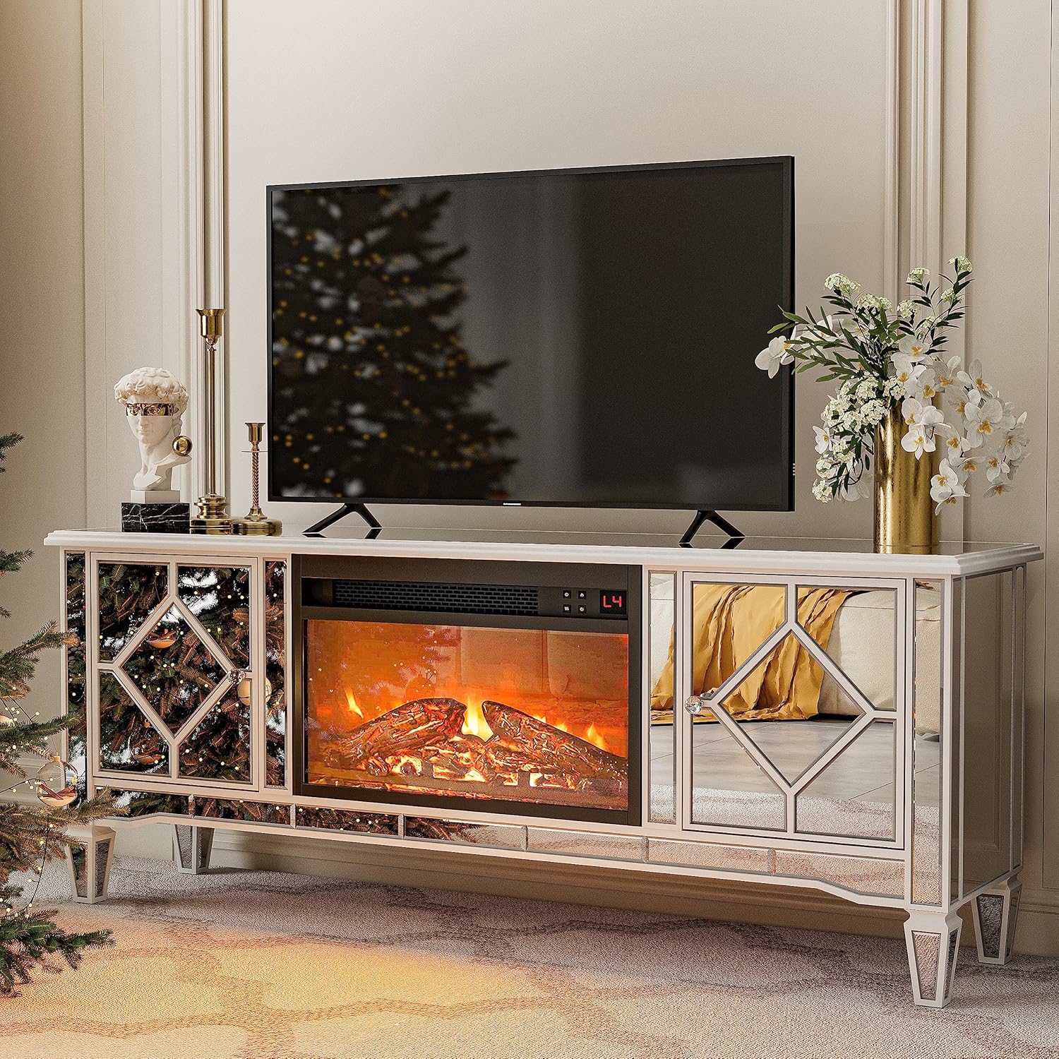 Amazon.com: IKIFLY Mirrored TV Stand with Fireplace for 75+ inch