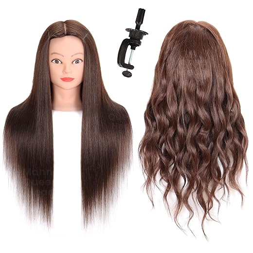Mannequin Head with Hair 70% Real Human Hair 26-28'' Cosmetology Mannequin Head for Styling Practice on Braiding Manikin Head with Clamp Stand and Tools (Dark Brown)