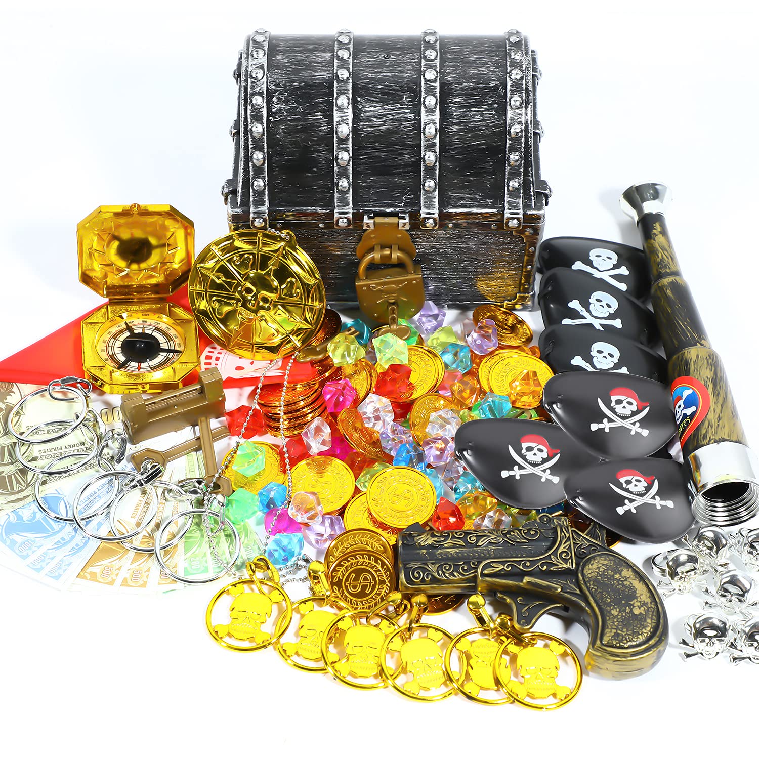 Sincere Party Cofre de tesoro pirata con monedas de pirata,joyas piratas,pistola de juguete,brújula,pendientes,telescopio,insignia, gafas,pañuelo pirata,16 unidades de papel
