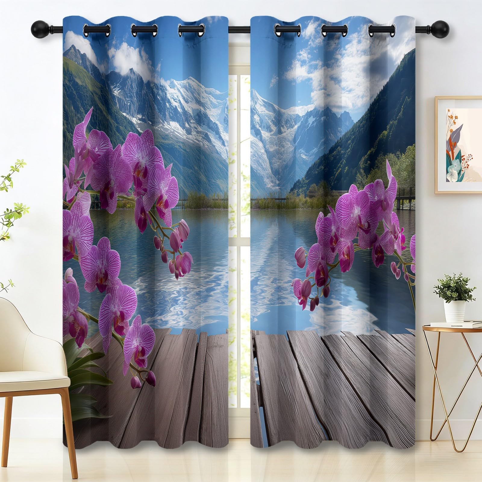 Rideaux orchidée et montagne finitions œillets 245 cm