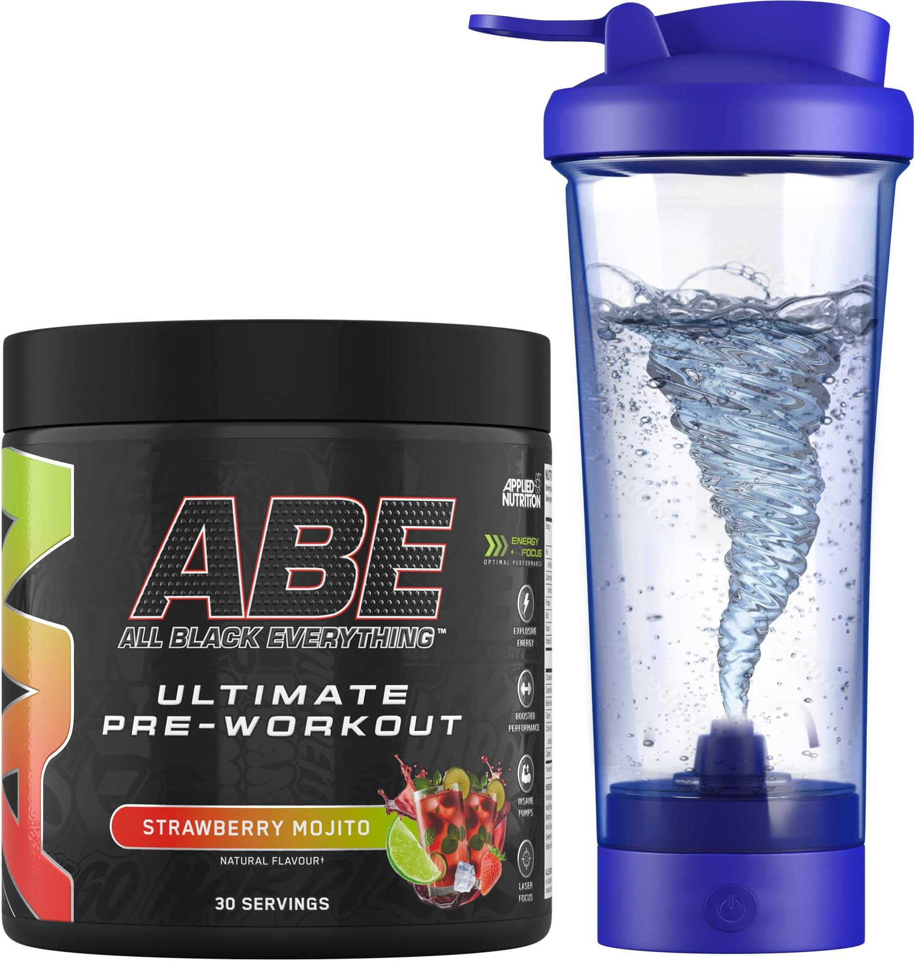 Bundle ABE Pre Workout 375g + Electric Shaker | All Black Everything Pre Workout Powder, Energy Drink, Physical Performance, Creatine, Beta Alanine, Caffeine (Strawberry Mojito)