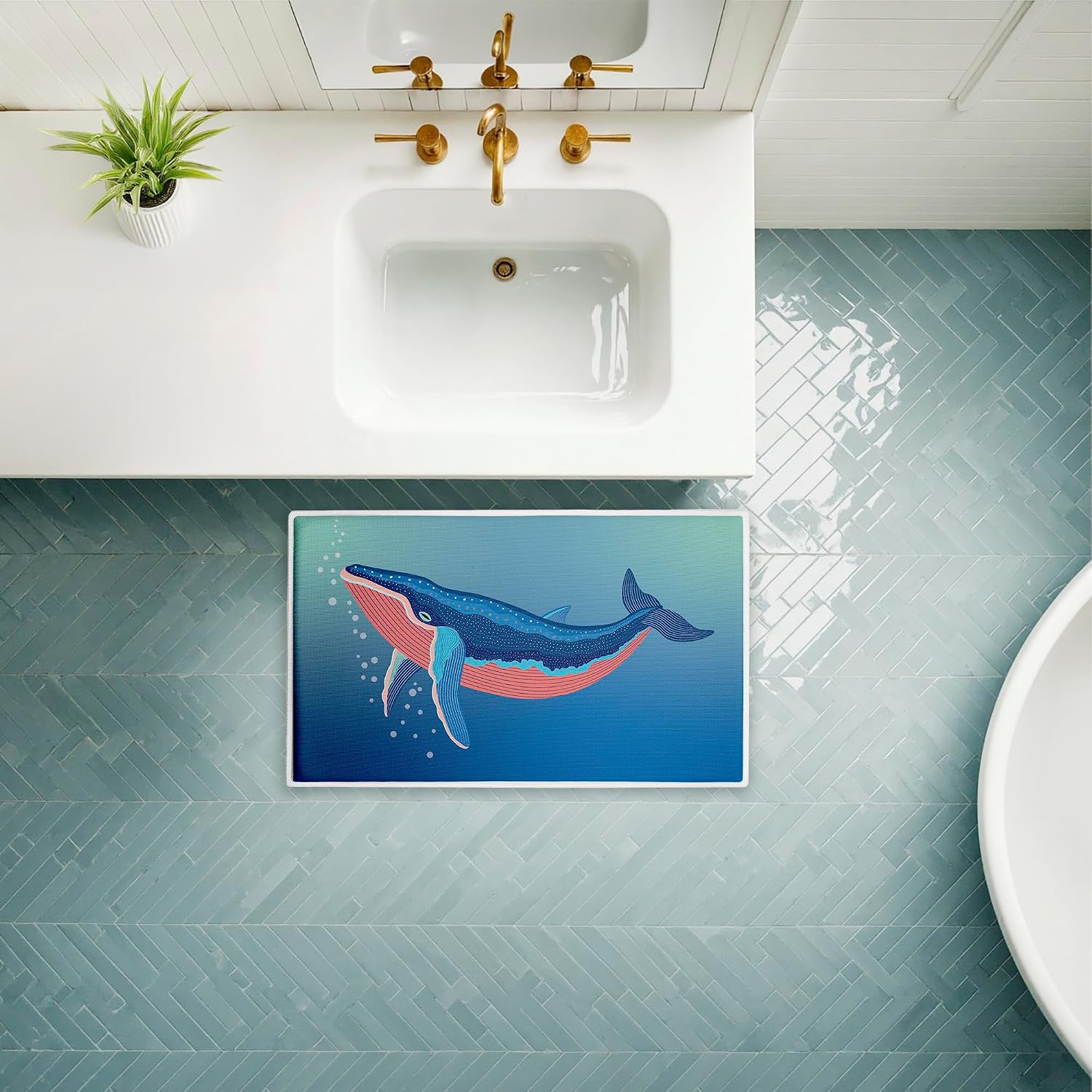 Stupell Industries Coastal Whale with Bubbles Plush Bathroom Mat & Bath Rug, Soft Quick-Dry Non-Slip Bathroom Rug with Recycled Foam Cushion, Coastal Beach Nautical Design by Darlene Seale, 18"x30"
