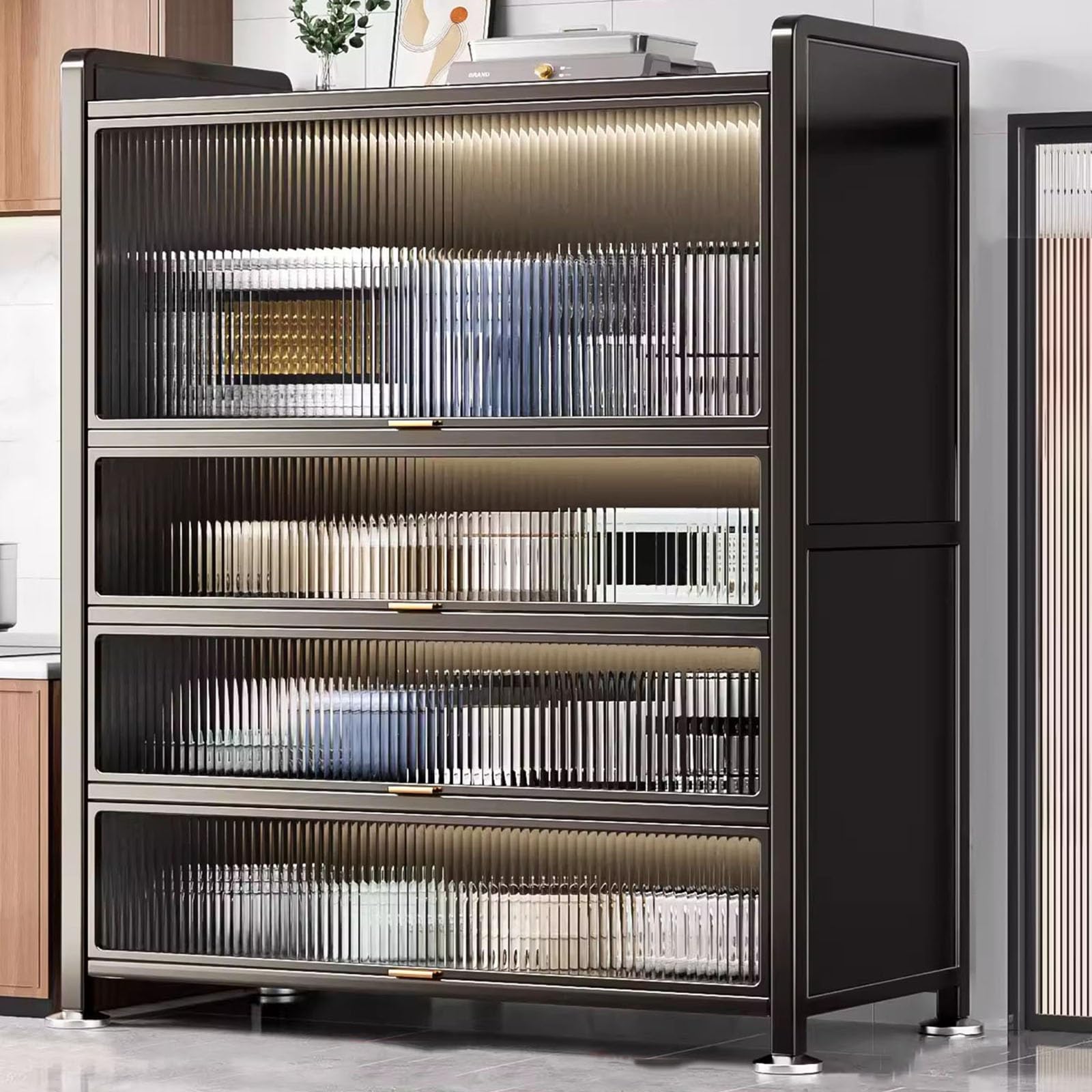 Küchenschrank mit 4 Ebenen/5 Ebenen, stilvolles S-Regal mit Klapptür, Mikrowellenständer und verstellbaren Regalen für Gewürze, Töpfe und Pfannen, 100 cm, platzsparender Organizer