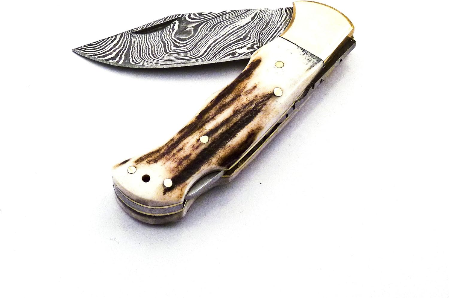 Skokie Knives Custom Hand Made Damascus Steel Hunting Pocket Folding Knife with Handle Stag Antler (S.F)