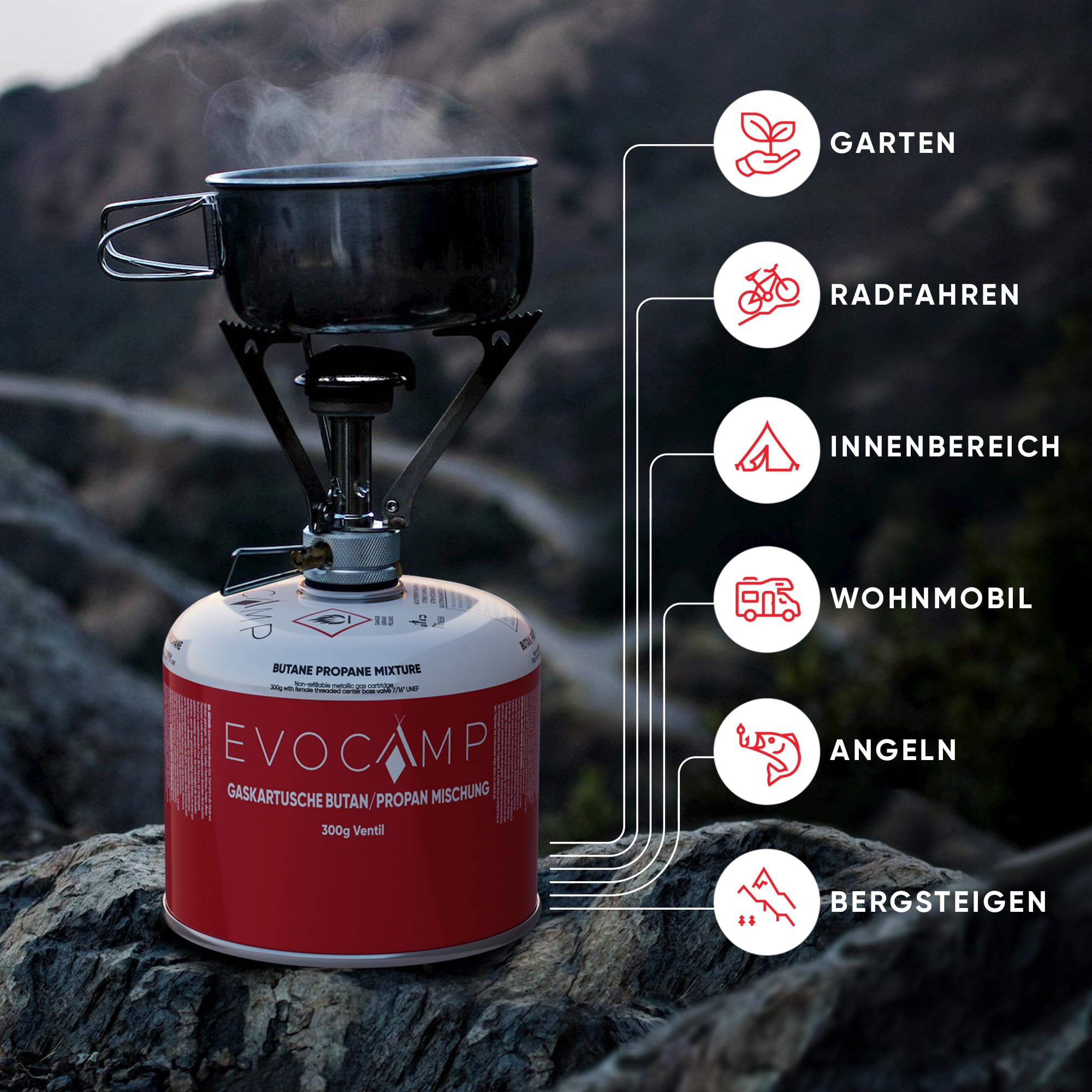 EVOCAMP 3x Propan Butan Gaskartuschen 300g, Schraubventil Eurogewinde 7/16", Ventilkartuschen 539ml mit Sicherheits-Verschlussautomatik, Gaskartuschen einsetzbar für Weber Grills Q100/1200-Serien