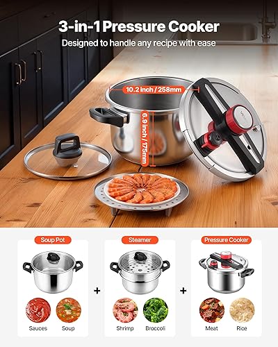 Miniatura 2 de VEVOR Olla a presión, olla a presión de 10 cuartos de galón, acero inoxidable, recipiente a presión con estante para vapor, tapa de vidrio templado,