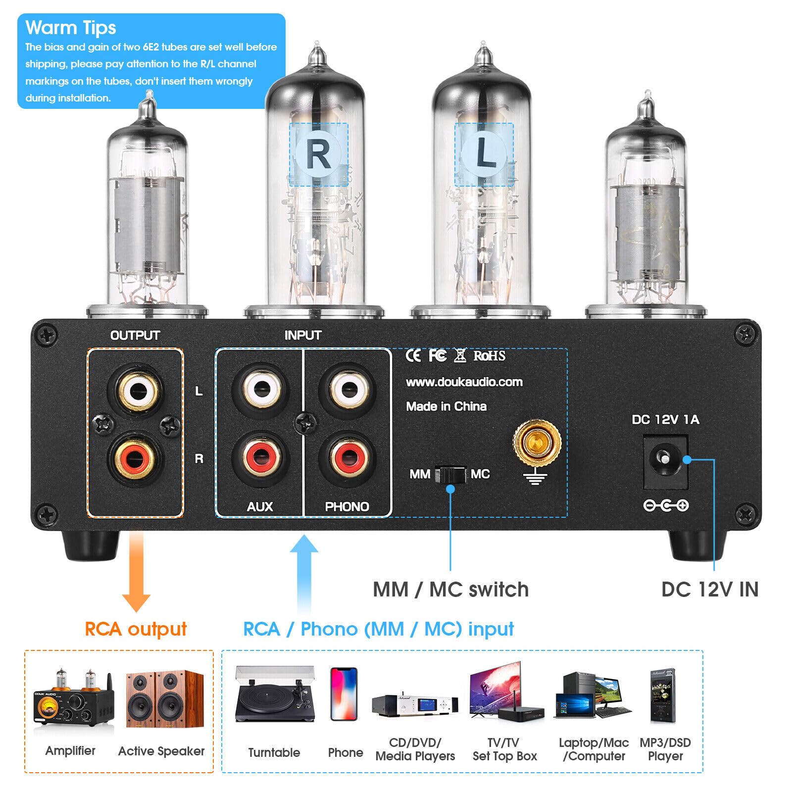 Preamplificador de tubo HiFi 6E2 Phono Preamplificador para tocadiscos MM/MC Amplificador de auriculares