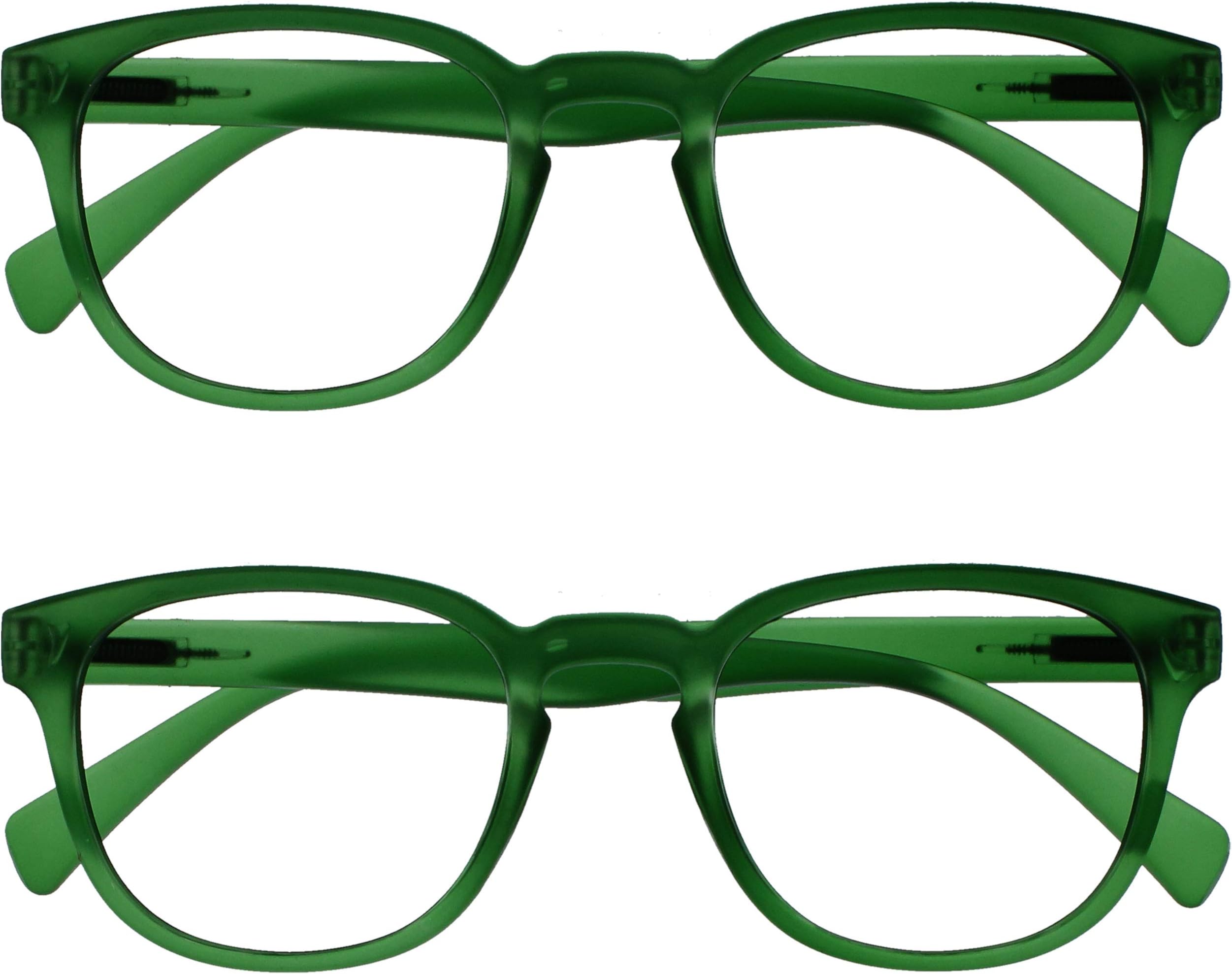 Opulize Pop 2 Pack Retro Round Smooth Matt Moss Green Mens Womens Reading Glasses Spring Hinges RR2-6 +2.50