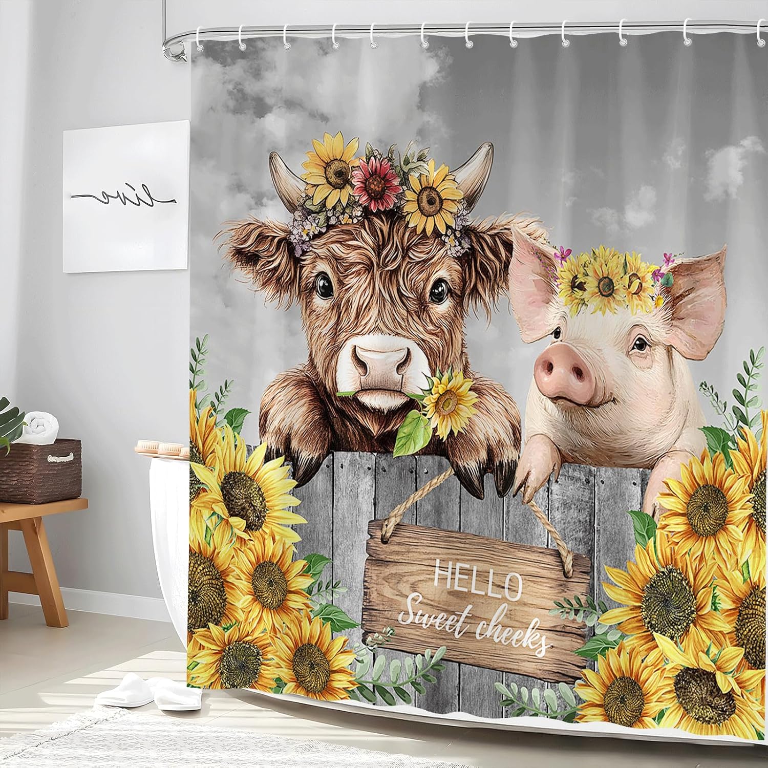 Funny Highland Cow Pig Shower Curtain Farmhouse Western Animal Cute Calf Sunflower Flower Floral Fence Rustic Vintage Wood Board Nature Fashion Bathroom Accessories Set with Hooks 70W x 90H inch