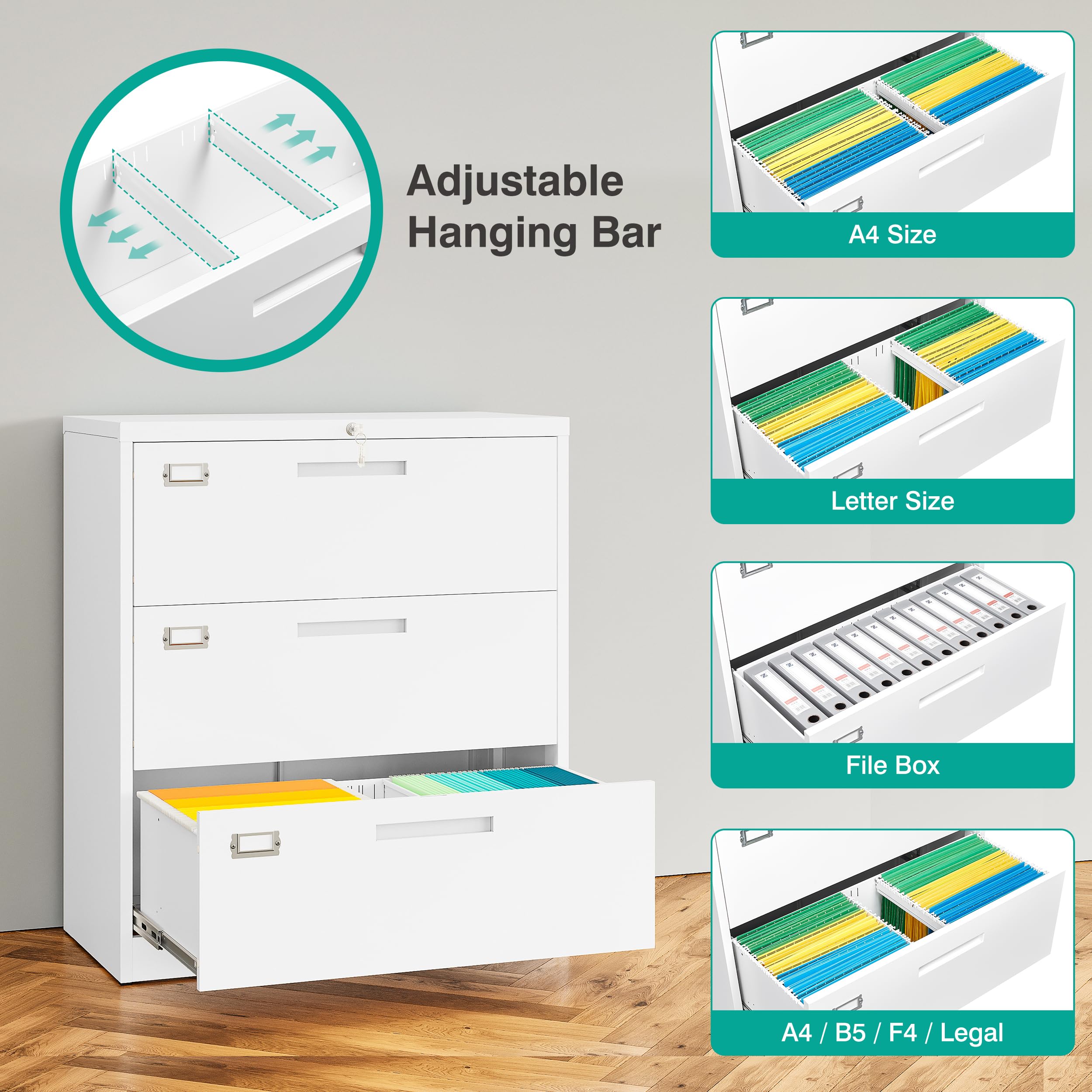 Amazon.com : SISESOL 3 Drawer Lateral File Cabinet with Lock,White