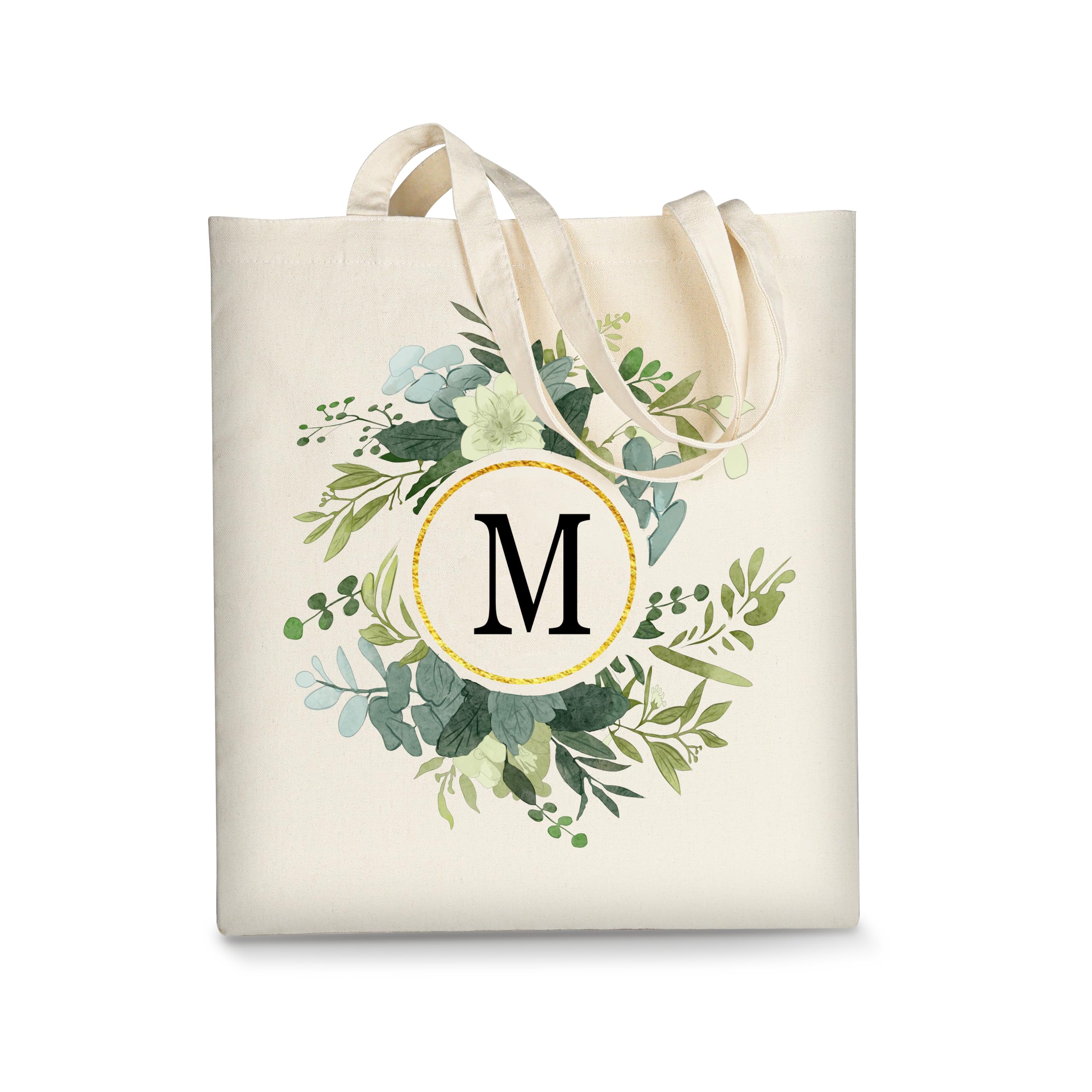 AUSVKAI Canvas Tote Bag for Women, Cute Aesthetic Leaf Initial Trendy Cotton Reusable Personalized Birthday Bags