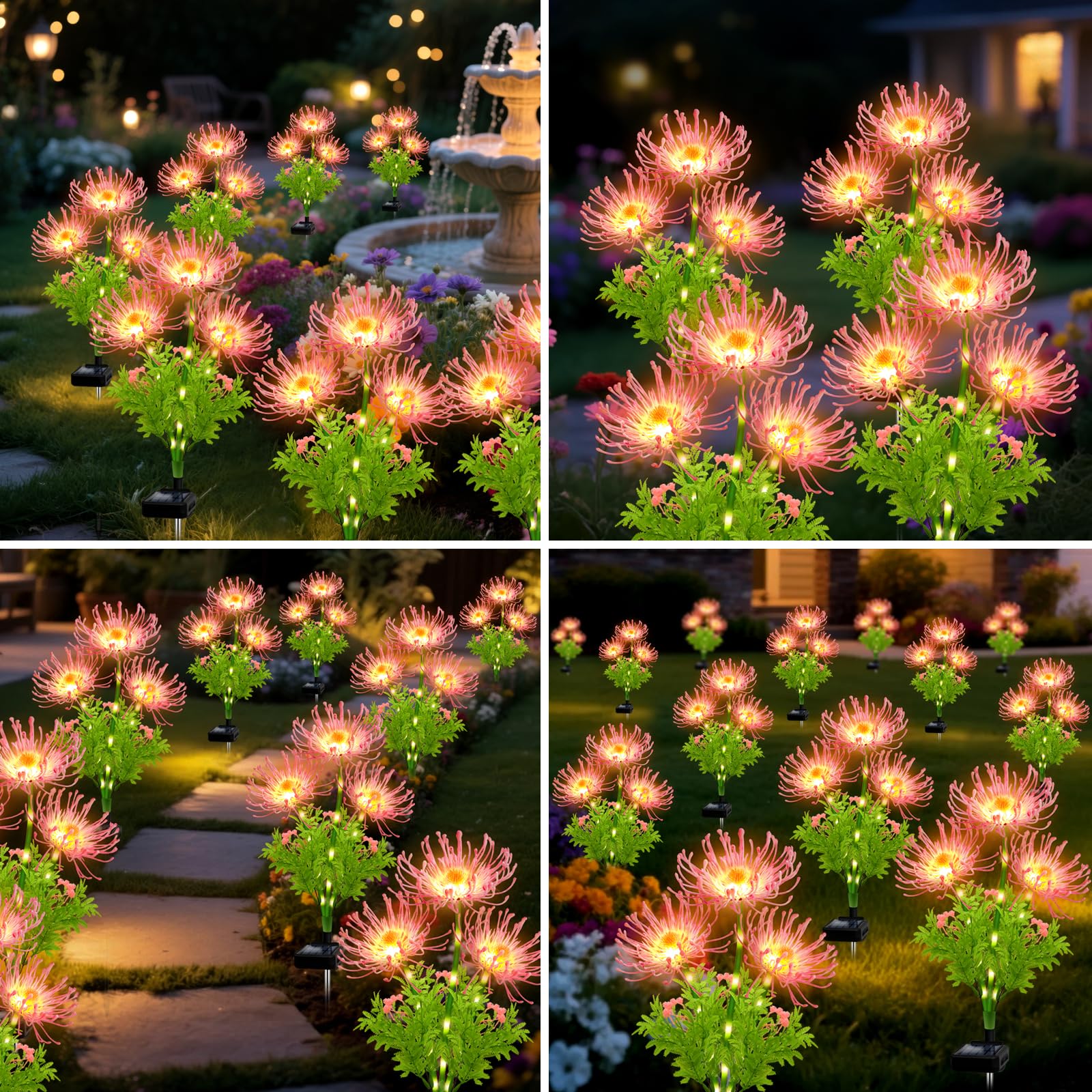 Luces solares para exteriores, lirio araña rosa, paquete de 4 luces de flores de jardín impermeables de 12 cabezas con tallos brillantes, decoración decorativa de patio y césped, regalos de Navidad y