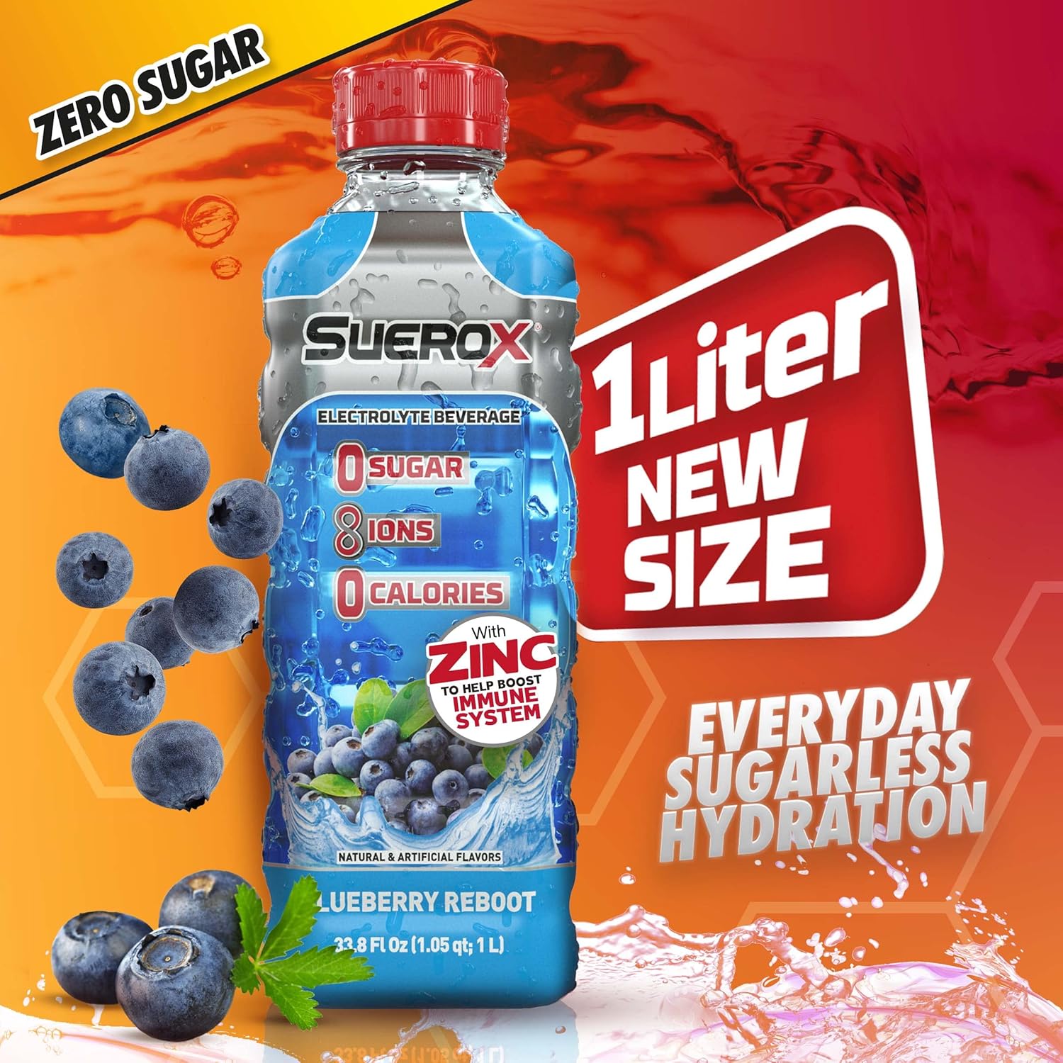 SueroX Zero Sugar Electrolyte Drink, Sugar Free Hydration Beverage, Unique Blend of 8 Ions & Electrolytes, Zero Calorie Sports Drink, Blueberry Reboot, 1- Liter, 8 Count