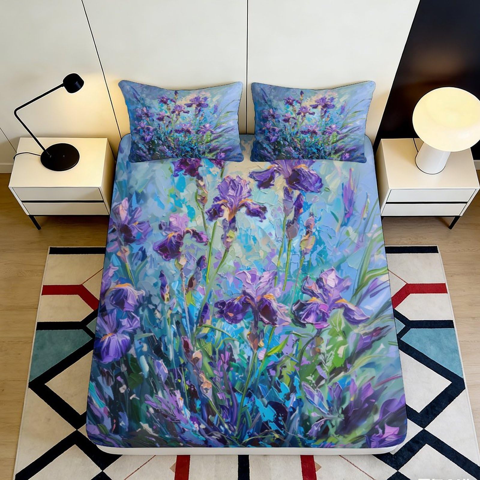 Jqzkxnhpbr Style-4 3D Printed Purple Iris Bloom Fitted Sheet Microfiber Soft Mattress Cover For Bedroom Guest Room Decor Dustproof 90X200x25cm