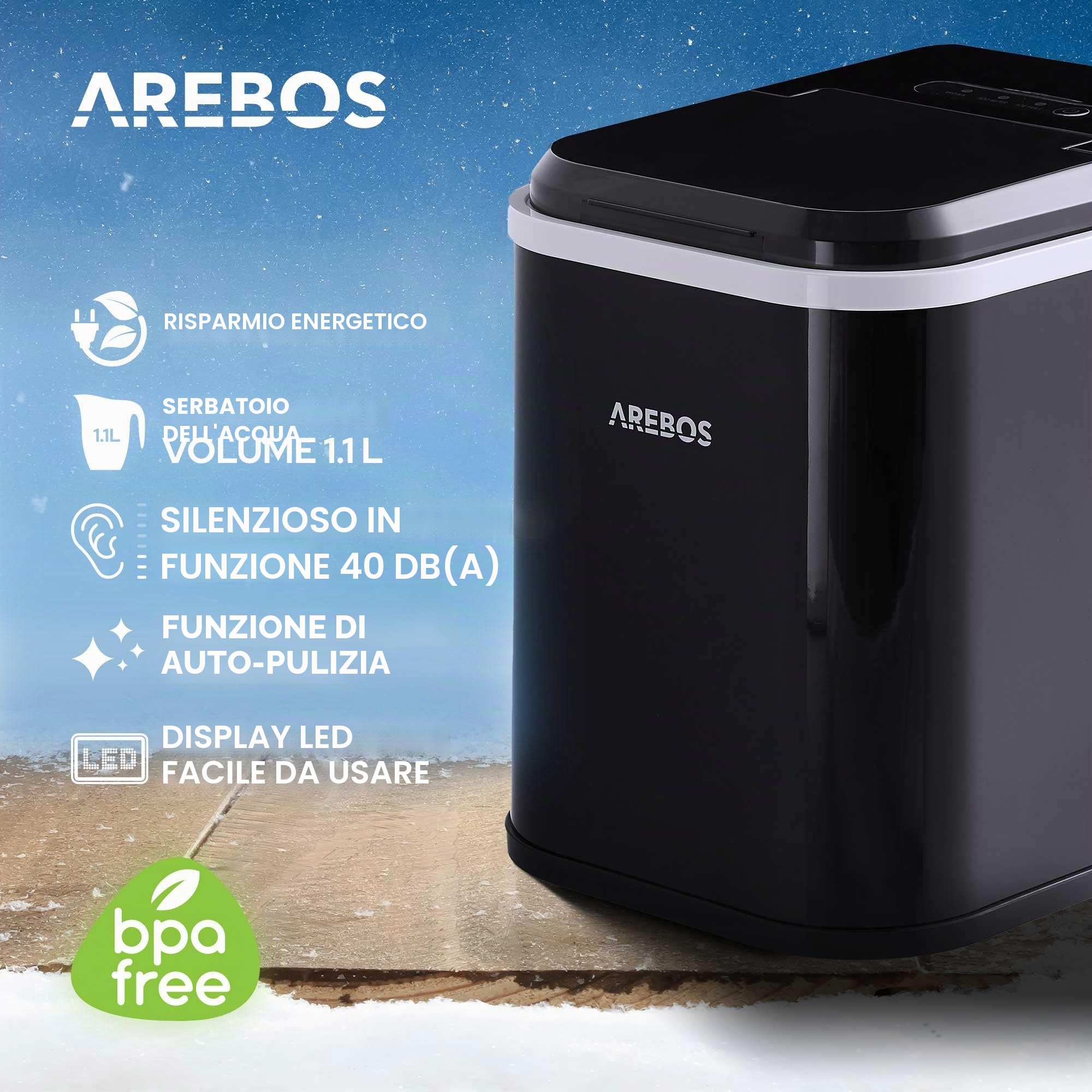 Arebos Fabbricatore di cubetti di ghiaccio | 12 kg / 24 h | Tempo di produzione di 10-15 minuti | Serbatoio dell'acqua da 1,1 litri | Silenzioso | Funzione autopulente | Nero
