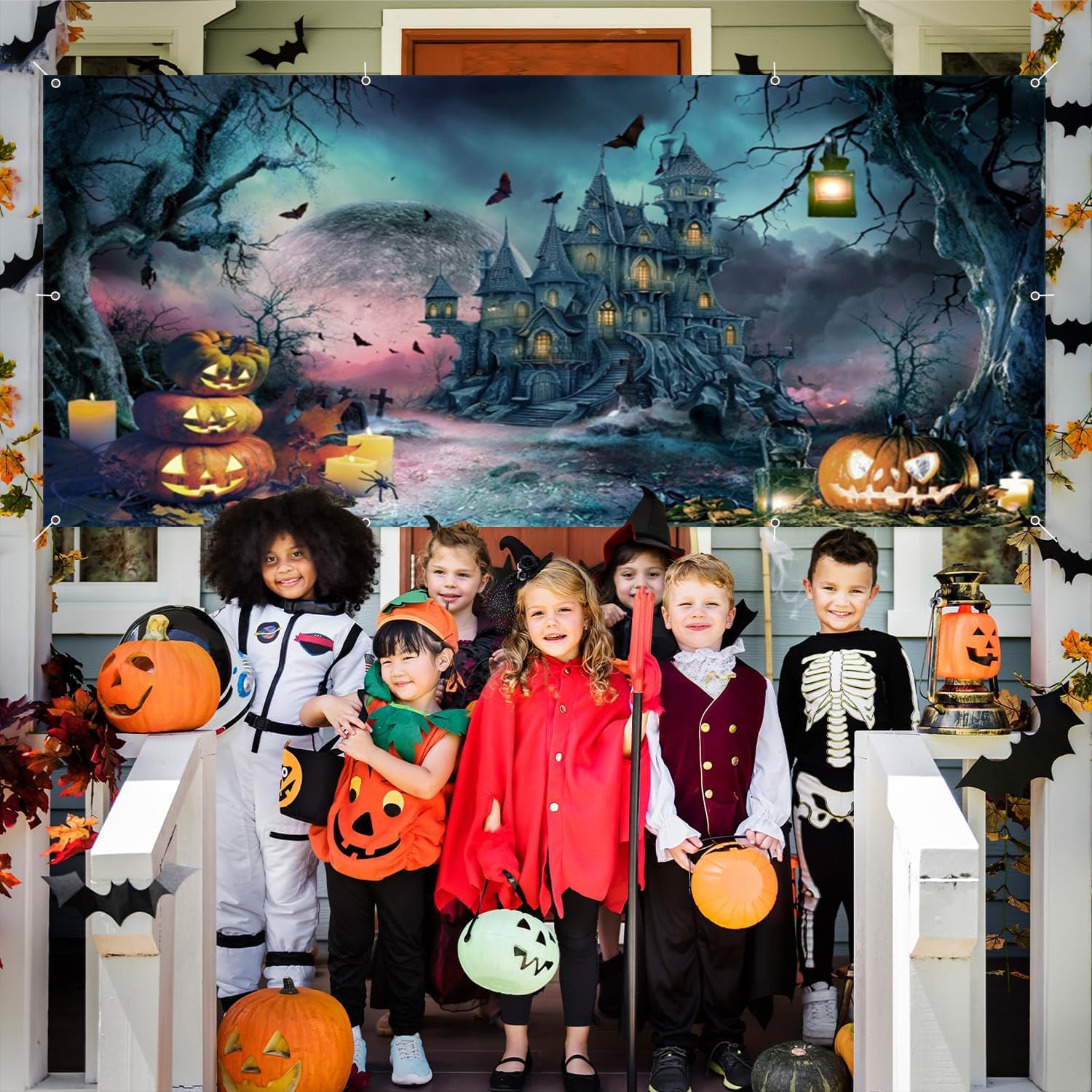 ハロウィンガレージドアカバーバナーデコレーション 7x16フィート 大型ガレージドアカバー、満月ホラー城墓石 怖い夜 霧のようなハロ