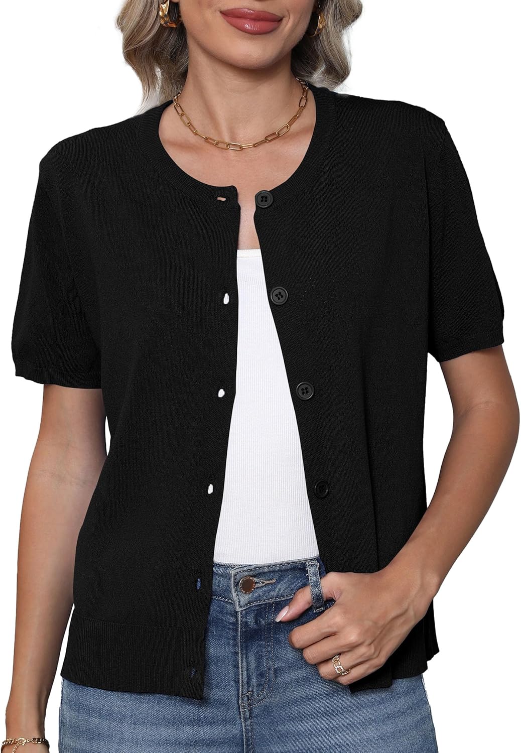 VIISHOW Women's Summer Lightweight Short Sleeve Cardigan Crochet Knit Shrug Open Front Crew Neck Button Up Casual Tops - Image 2