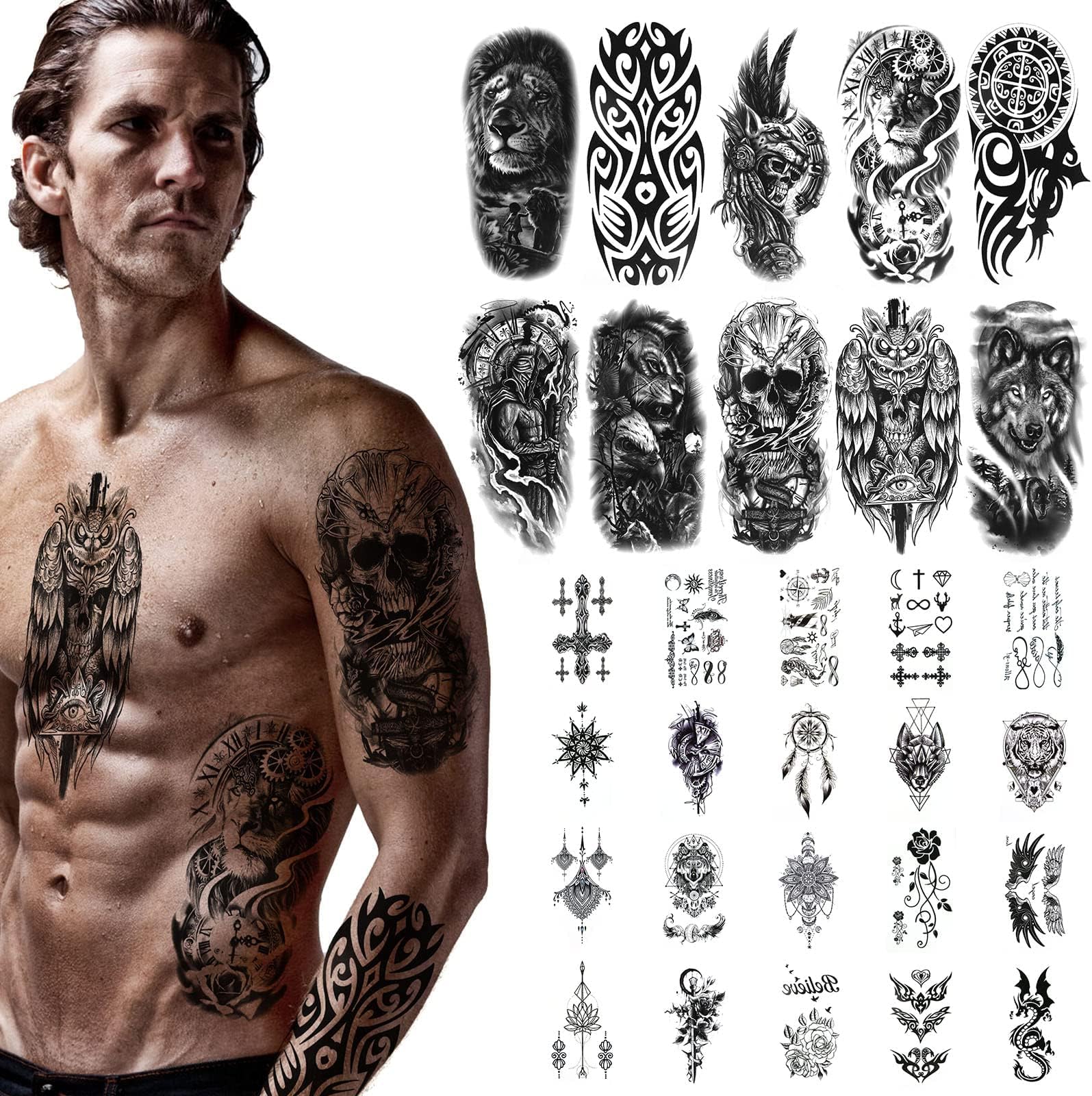 Black Temporary Tattoos, 10 Sheets Large Wolf Lion Skeleton Tattoo Stickers with 20 Sheets Tiny Waterproof Fake Tattoo, Arm Neck Face Temp Tattoo Temporary Tattoos Sticker for Women and Men