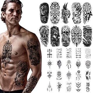 URAQT Black Temporary Tattoos, 10 Sheets Large Wolf Lion Skeleton Tattoo Stickers with 20 Sheets Tiny Waterproof Fake Tattoo, Arm Neck Face Temp Tattoo Temporary Tattoos Sticker for Women and Men