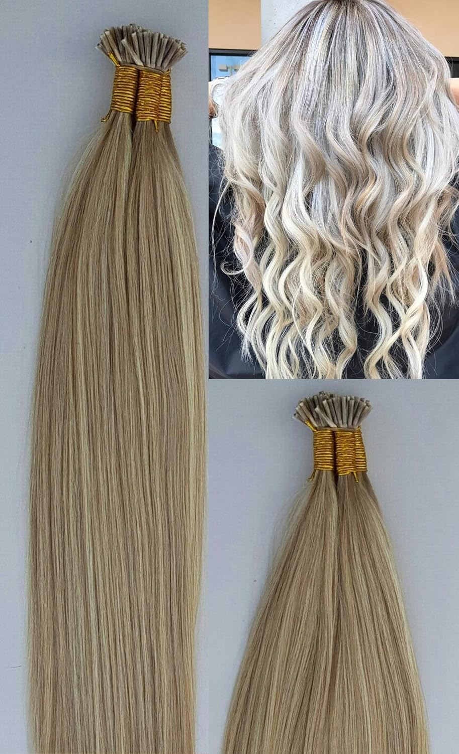Hair Faux You 18" Remy Straight Pre bonded I Tip Human Hair Extensions Professional Salon, 100 grams 125 strands Per Package, Color # 18/613 Dark Blonde with Platinum Blonde