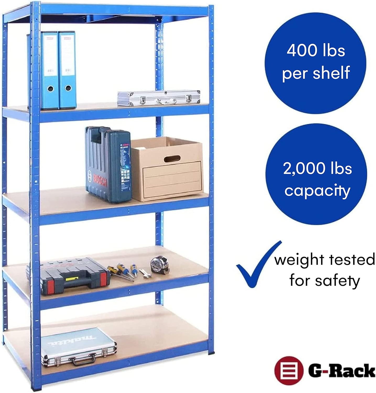 Garage Shelving Units - 71" H x 35" L x 24" W - Heavy Duty Racking - Shelves for Storage -1 Bay - Blue - 5 Tier - 2000LB Capacity (400LB Per Shelf) - Workshop, Shed, Office - 5 Year Warranty : Home & Kitchen