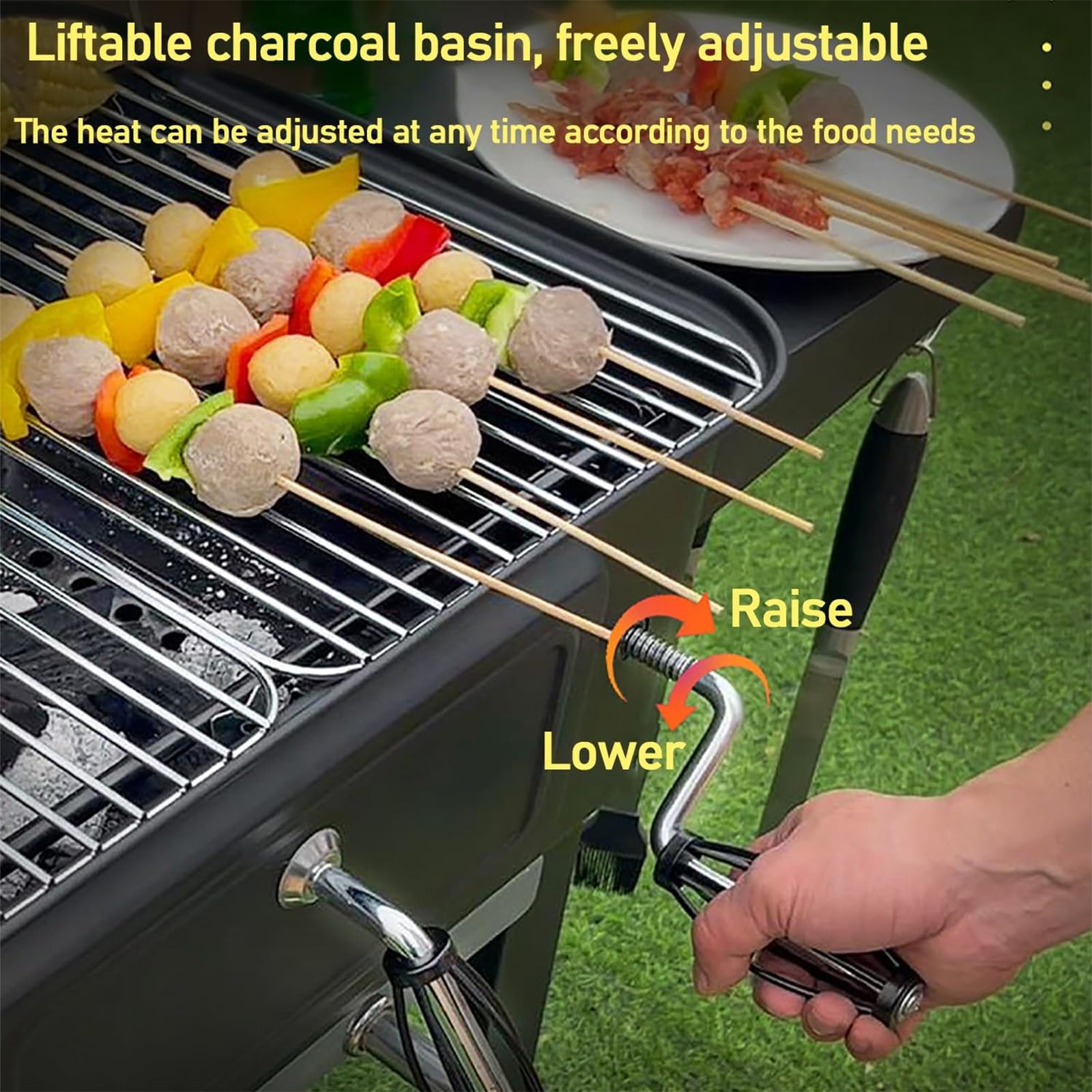 Przenośny grill na węgiel drzewny z kółkami, składany stolik pomocniczy, termometr wizualny, regulowany otwór wentylacyjny, umywalka na węgiel drzewny, do gotowania na świeżym powietrzu