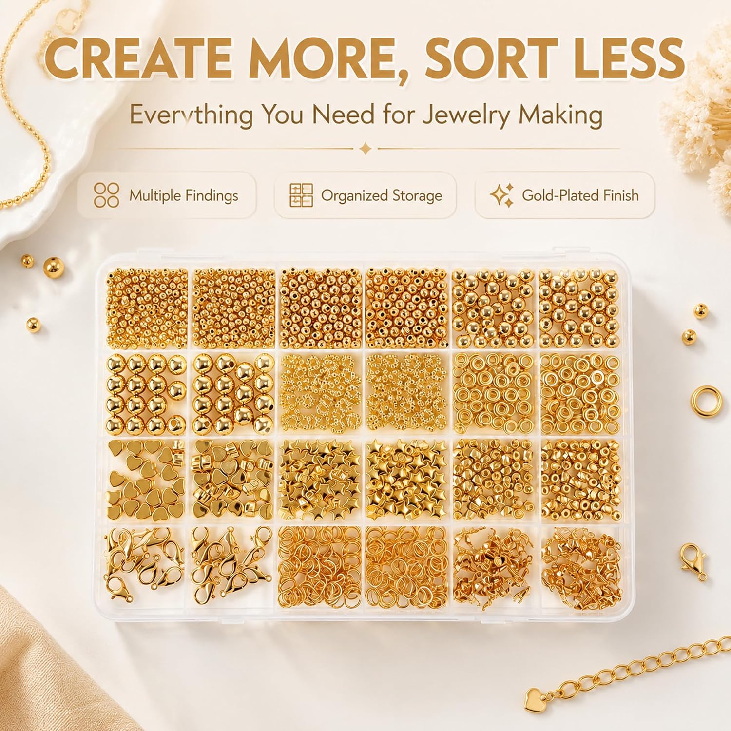 Hudinsun 1400 PCS 9 Styles Gold Spacer Beads Kit with 3/4/6/8mm Round Ball Beads, Jump Rings and Lobster Clasps for Bracelets and Jewelry Making
