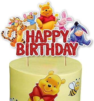 Winie The Pooh Happy Birthday Cake Topper Decorative Party Accessory with Classic Pooh Design, Perfect for Birthday Cakes, Themed Parties, Celebration Events, and Festive Gatherings