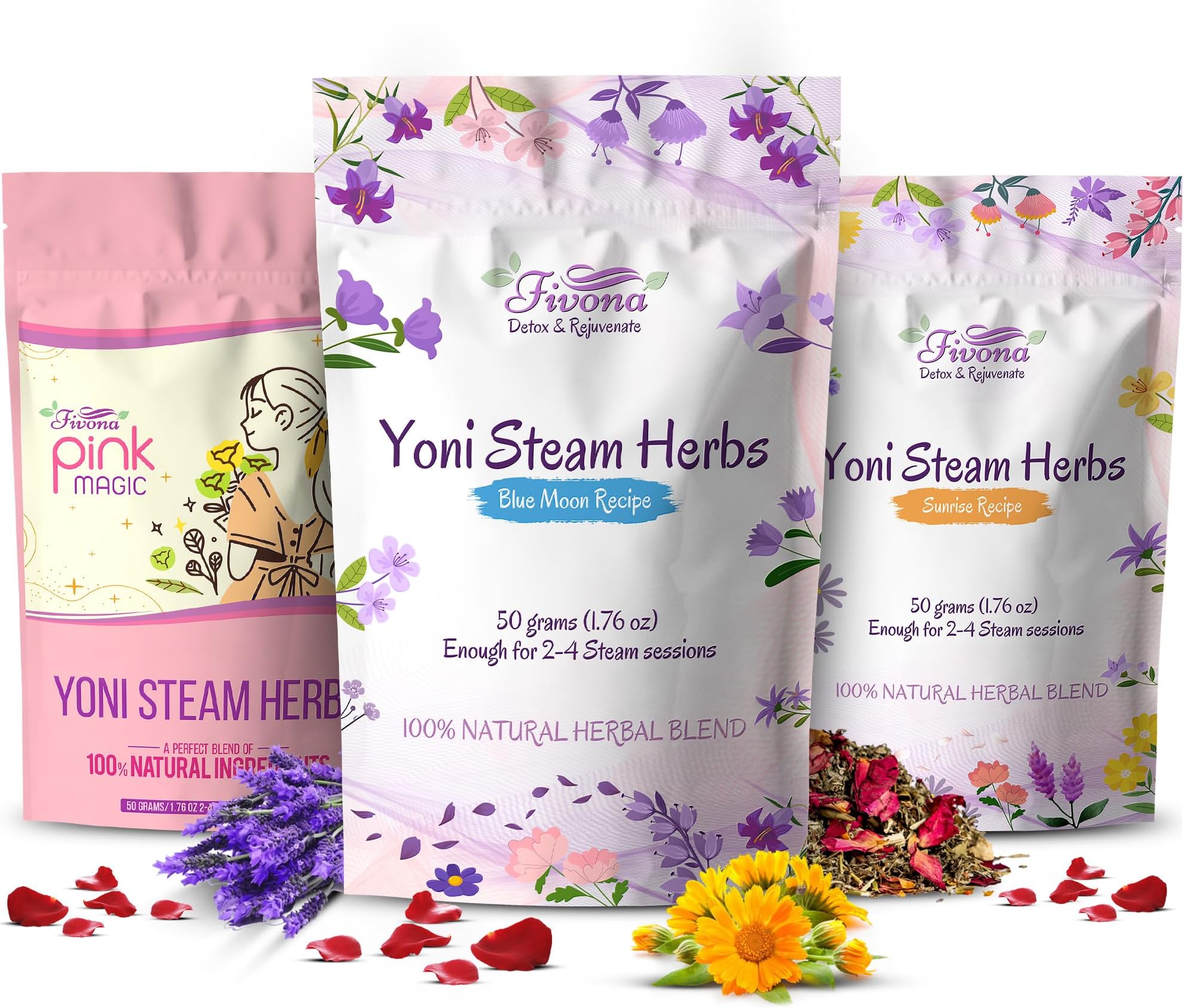 Fivona Set of 3 Yoni Steam Herbs - Natural Herbal Mix - 100% Pure Organic Blend – V Detox, Cleansing, PH Balance for Women - Revitalizing & Rejuvenating Care - 6 to 12 Sessions – 3x 1.76 oz