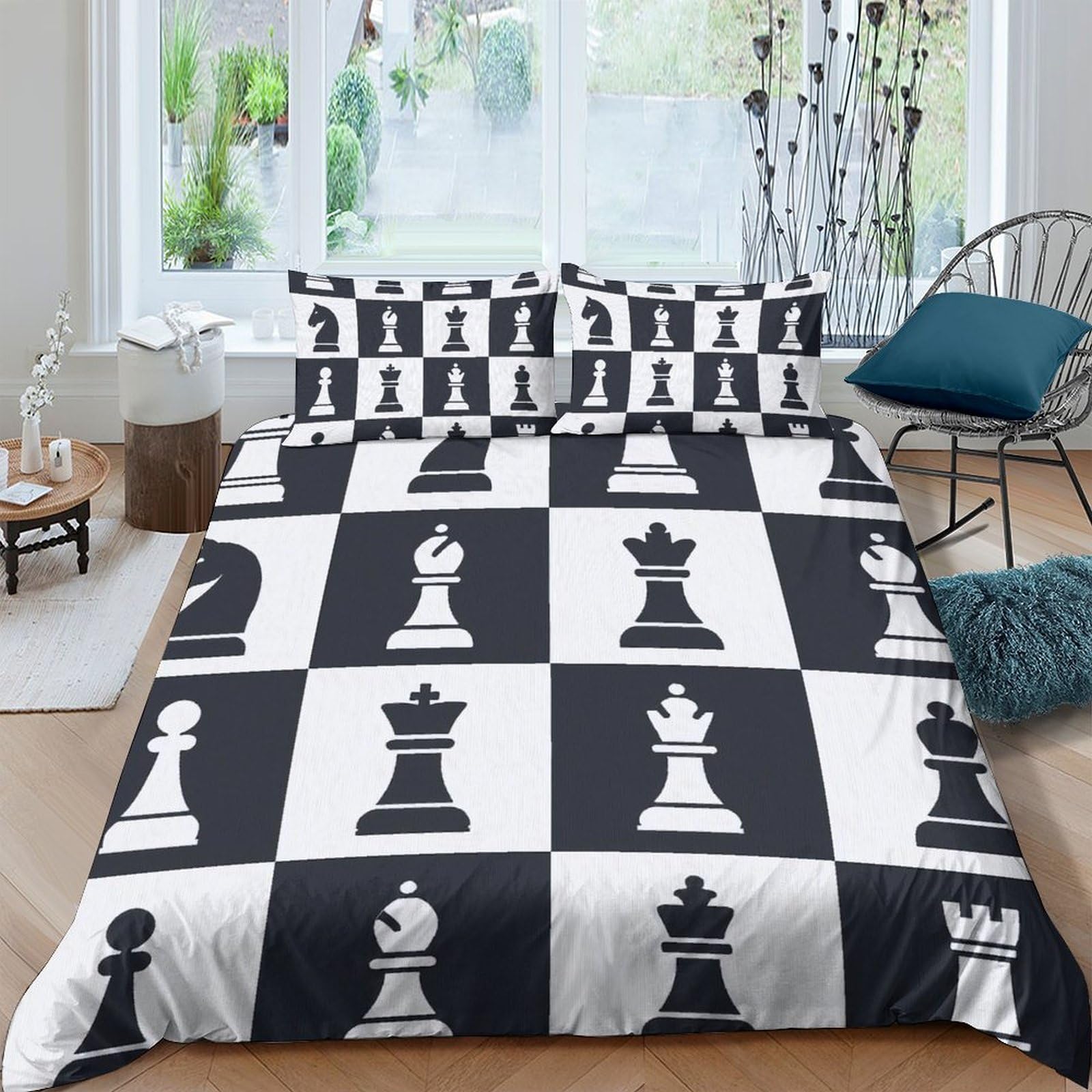 Ctjqhvkz Style-2 3D Printed Chess Board Fitted Sheet Microfiber Durable Black White Chess Piece Mattress Cover For Bedroom Dorm Decor Single（135X200cm）