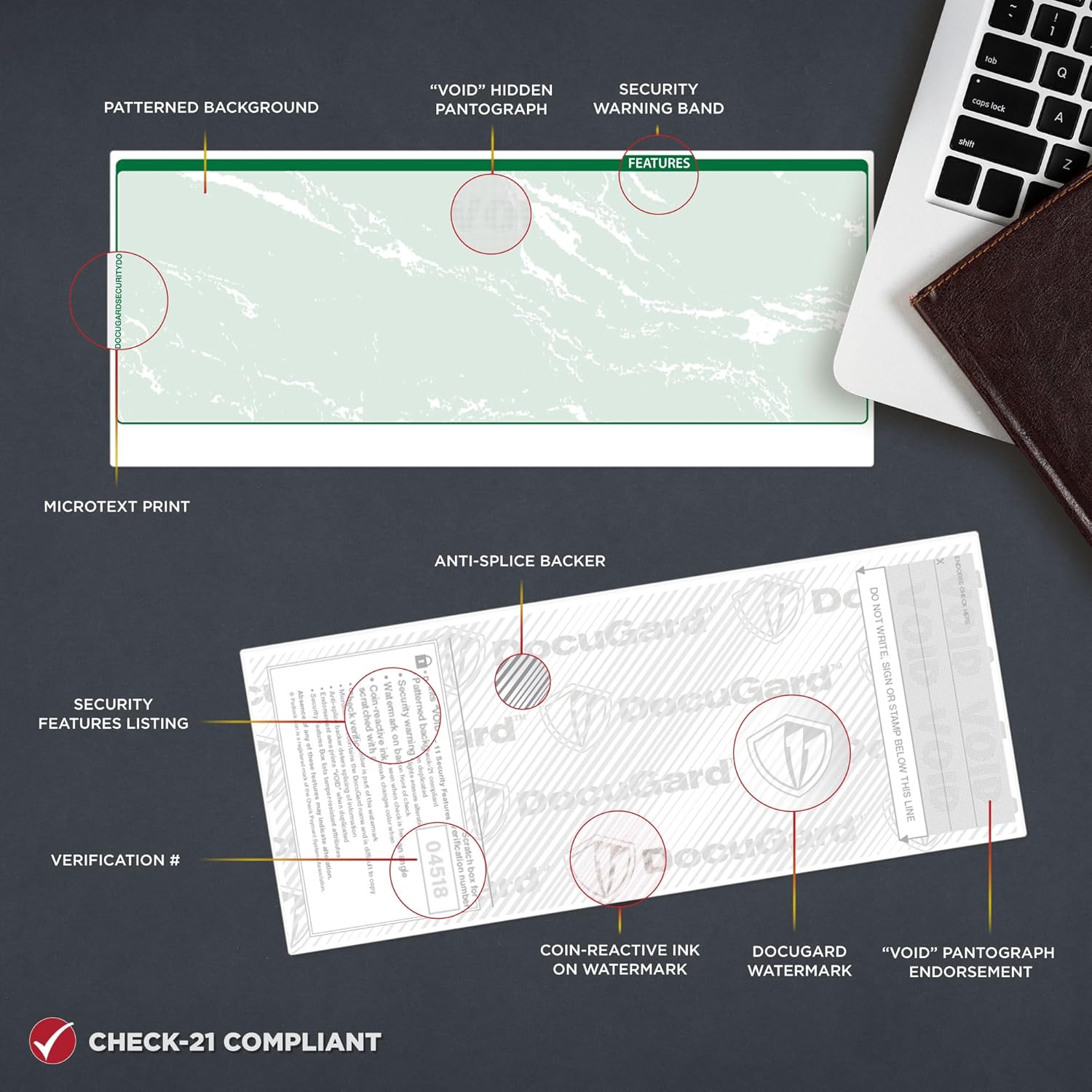 DocuGard Standard Green Marble Bottom High Security Check Paper - QuickBooks & Laser/Inkjet Printer Compatible - 11 Security Features - 500 Blank Business Checks (04518)