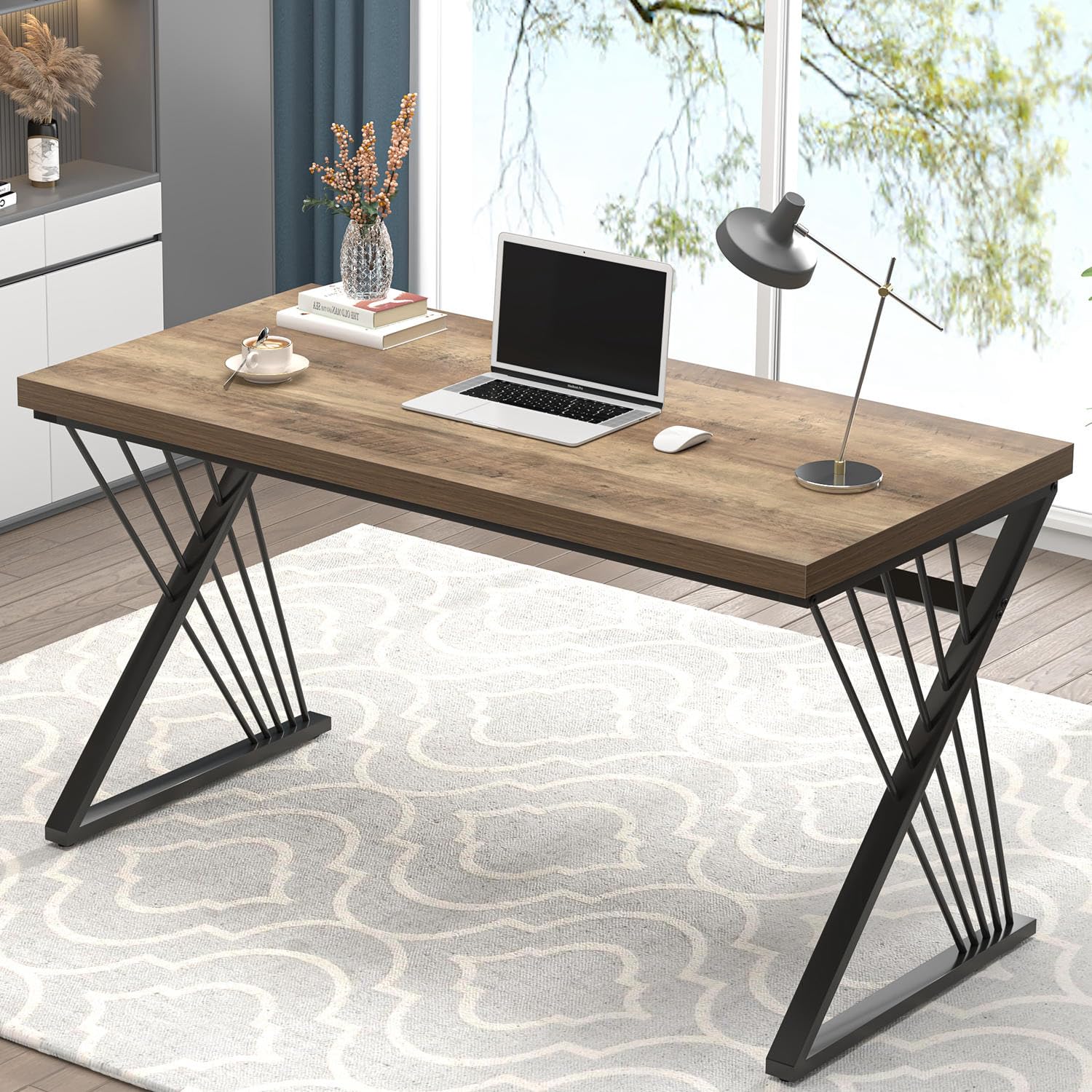 FOLUBAN Computer Desk Modern Home Office Desk Wood and Metal Study Writing Gaming Table for Bedroom Living Room