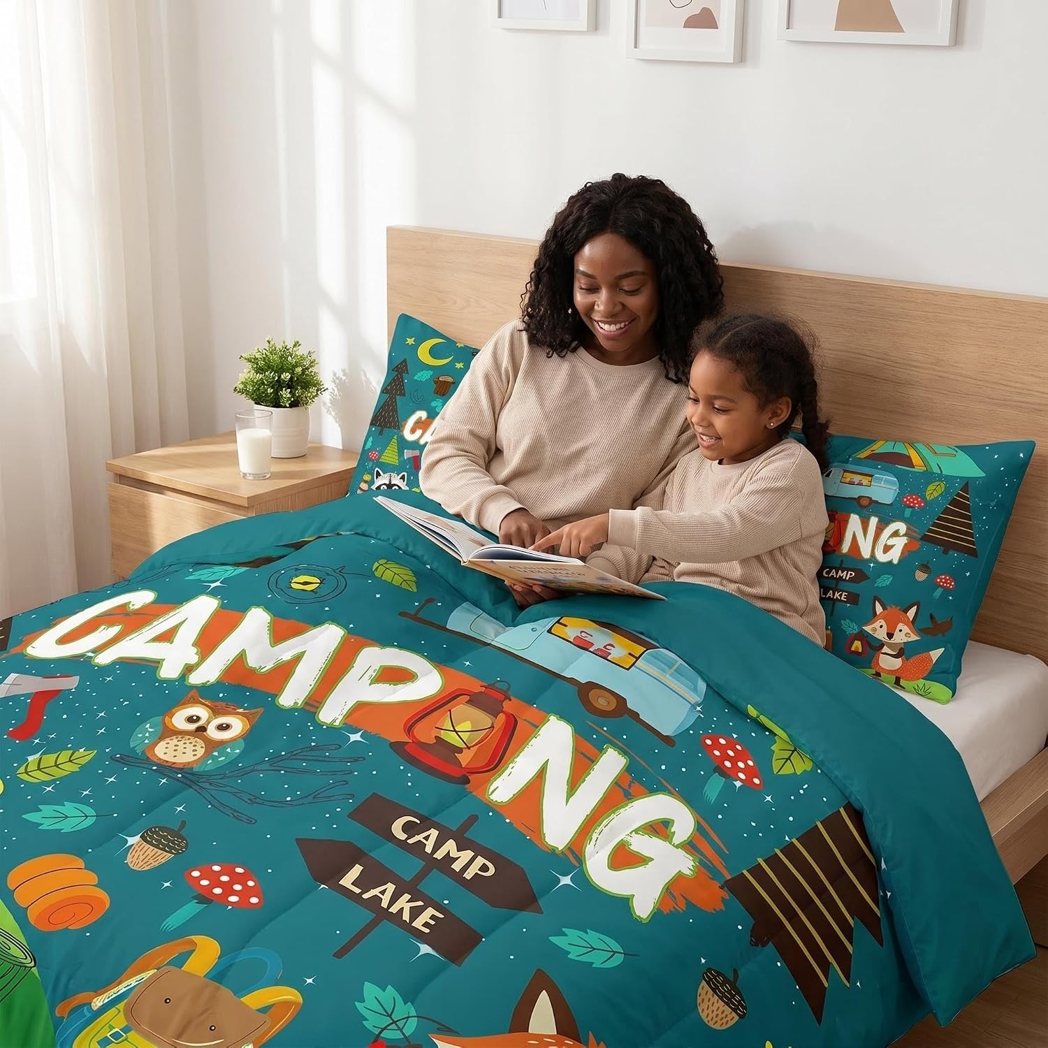 Happy Camping Comforter Set Camper Kids Bedding Comforter Sets for Boys Teens Adult Bedroom Decor, Cartoon Rv Camping Bedding Fox Cute Animal Down Comforter for Travel Trailers, Twin image 4