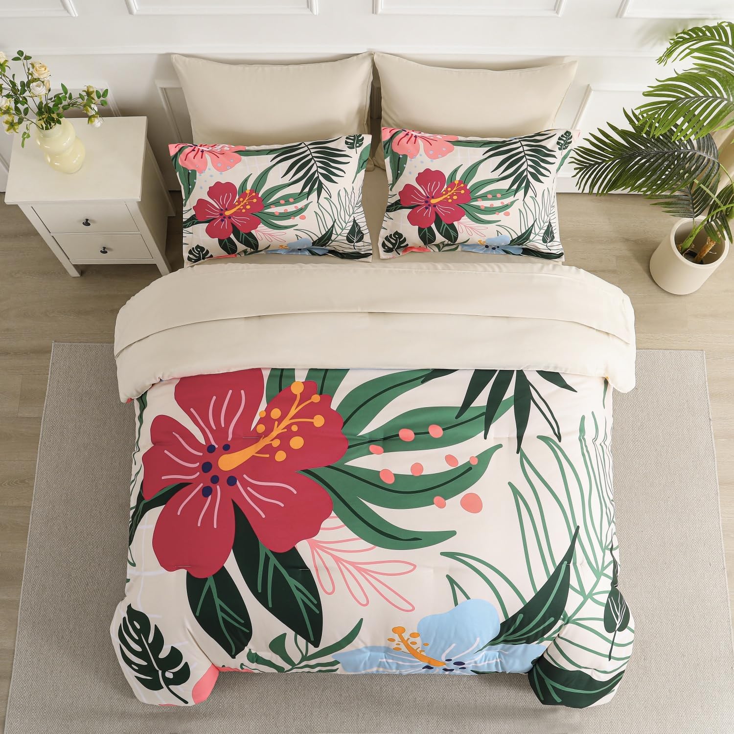 Yogeneg 7 Piece Bed in a Bag King Size Comforter Set Beige Bedding Set,Pink Floral Green Leaves Pattern Reversible Design,Soft Microfiber Comforter with Sheet Set,All Season(Beige,King) - Image 3