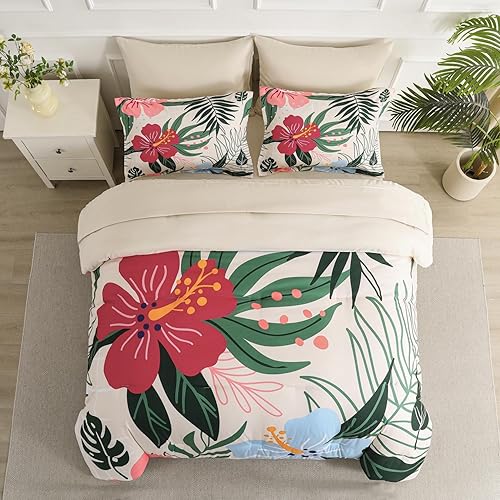 Miniatura 3 de Yogeneg Juego de edredón de 7 piezas en una bolsa, tamaño Queen, juego de ropa de cama beige, diseño reversible con patrón de hojas verdes y flores