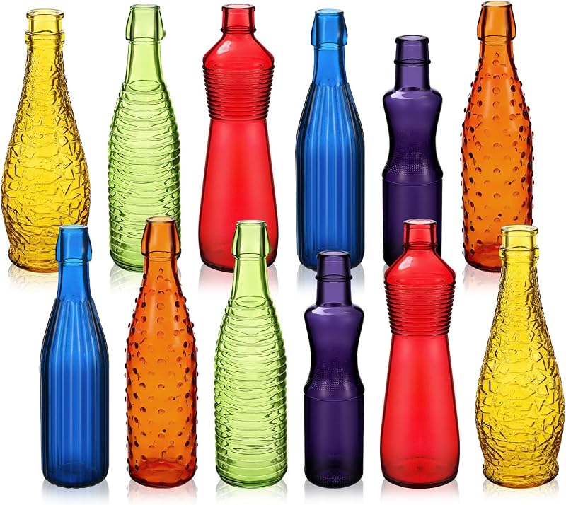 Zhehao 12 Pcs Colored Glass Bottles Colorful Empty Wine Bottles Decorative Glass Bottle for Bottle Tree Garden Yard Outdoor Home Decor(Dark Rainbow Color,Textured)