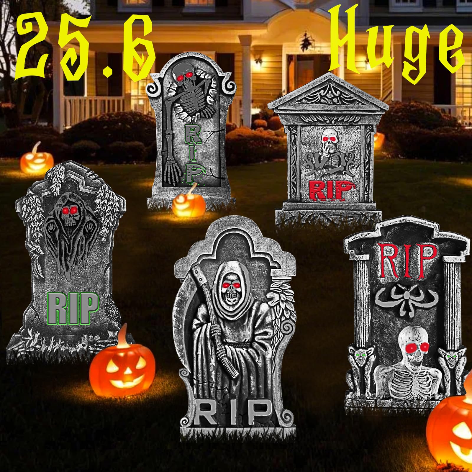 DIY Tombstone Set - 5 Pack Large Gravestones With Metal Stakes - Waterproof Halloween Outdoor Decor