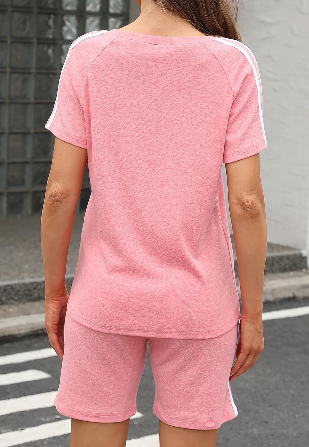 Womens Summer 2 Piece Outfits Lounge Short Sleeve Round Neck Tops and Shorts Set - Image 4