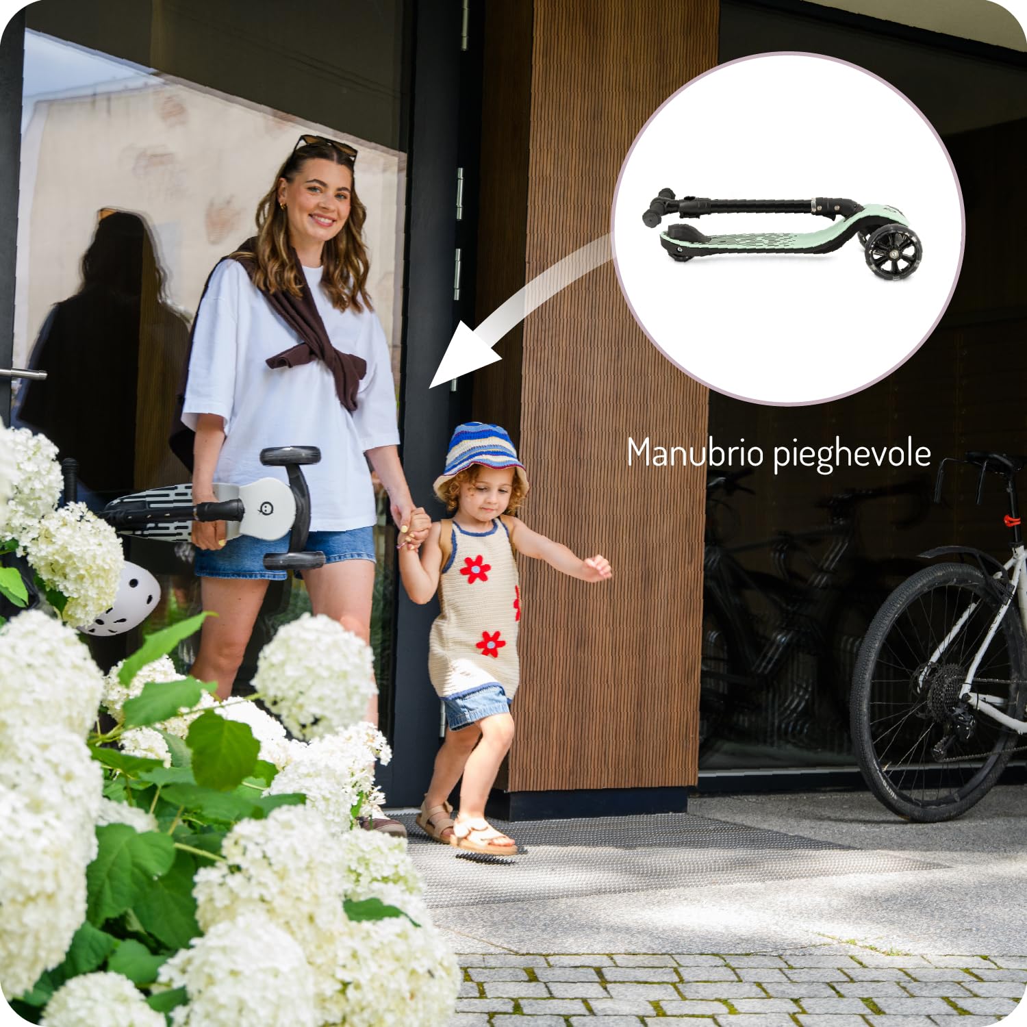 Monopattino bambini 3 ruote MoMi SAN 2 in 1, manubrio regolabile (60/66/72 cm), pieghevole, ruote LED con cuscinetti ABEC-7, freno a pedale, leggero 2,7 kg