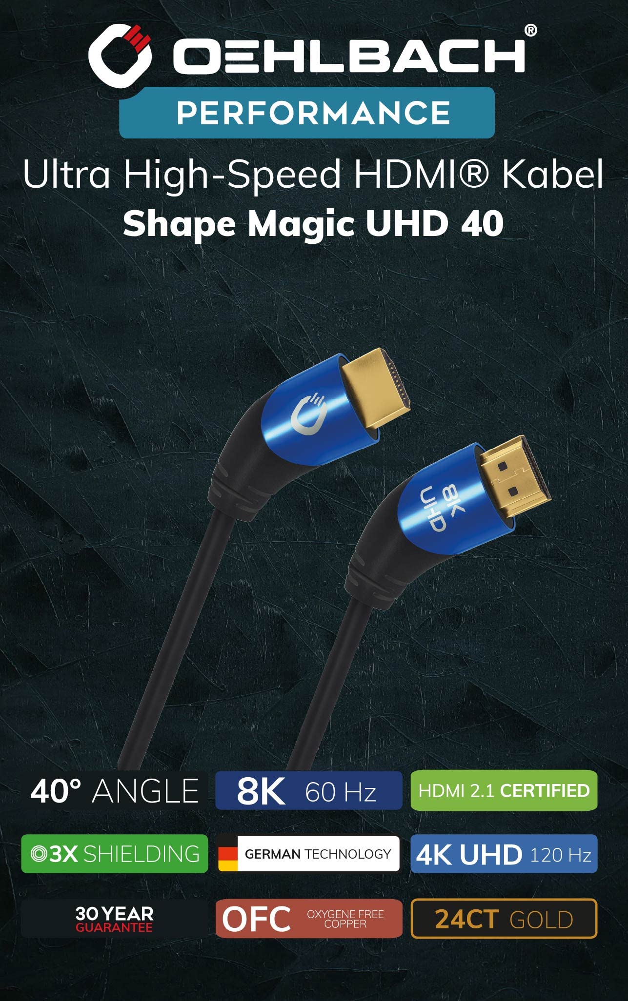 OEHLBACH Shape Magic 40-8K Ultra High Speed 2.1 HDMI-Kabel - Zertifiziert 48 Gbps (40 Grad Winkelstecker 3-Fach Schirmung OFC Kupfer Vollmetallstecker) schwarz - 3m